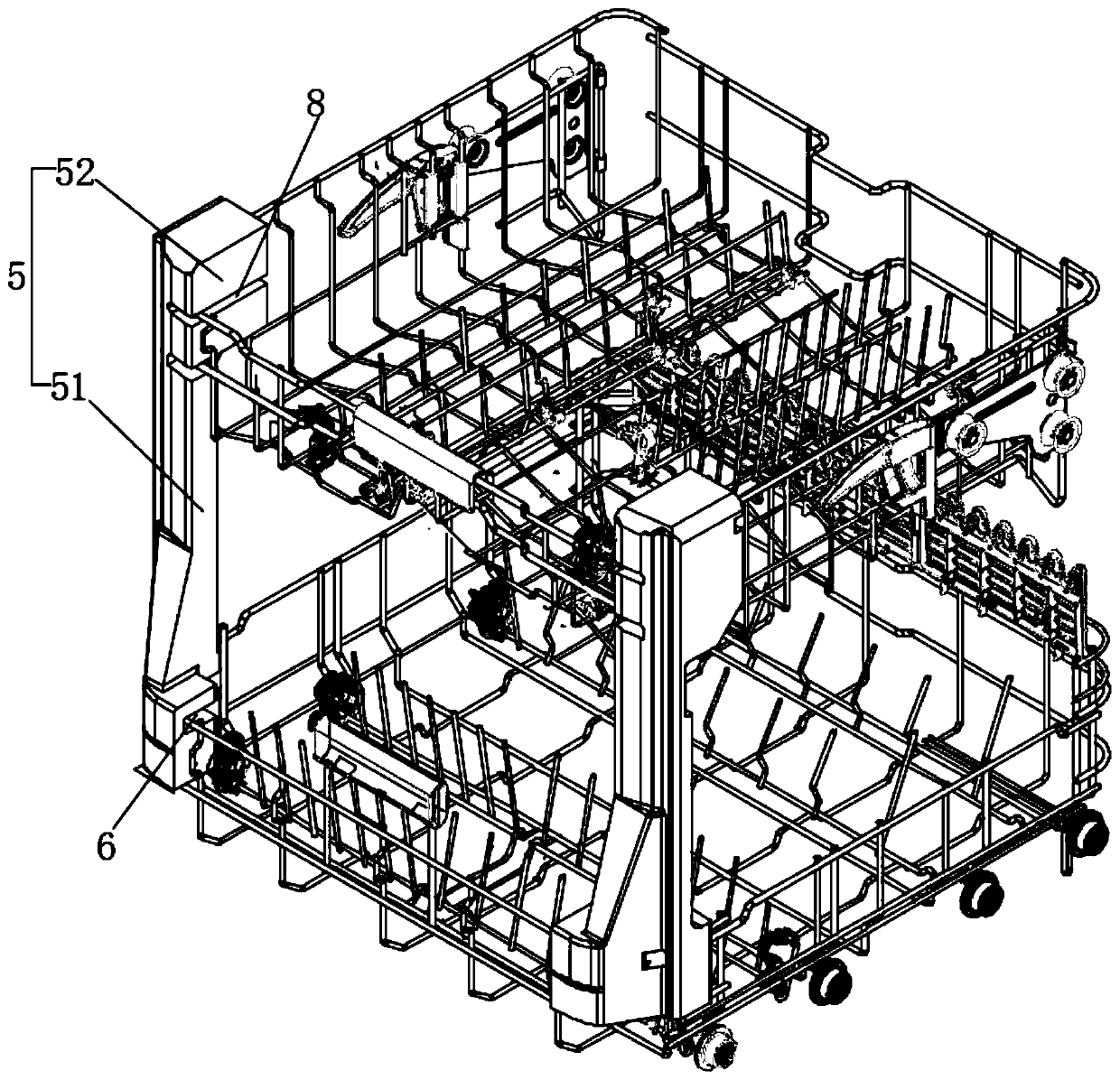 Bowl basket protection assembly and dishwasher