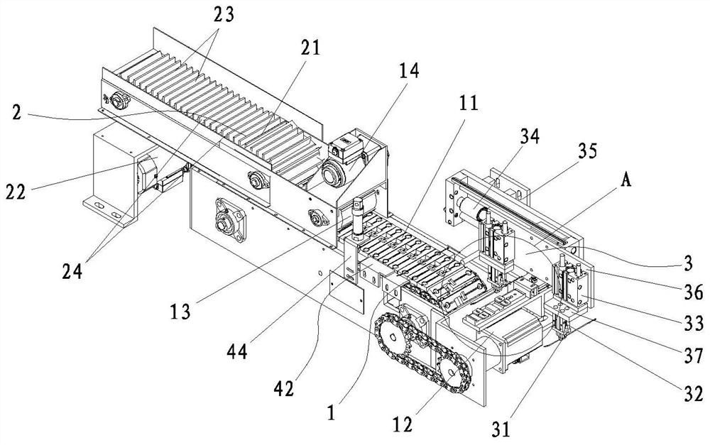 A feeding device for automatically arranging umbrella ribs