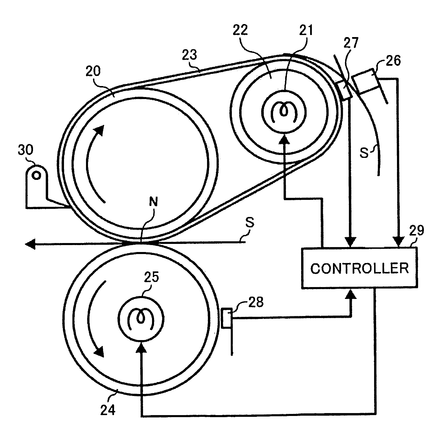 Belt type fixing device including a contact and a non-contact temperature sensor and a reflection type sheet sensor