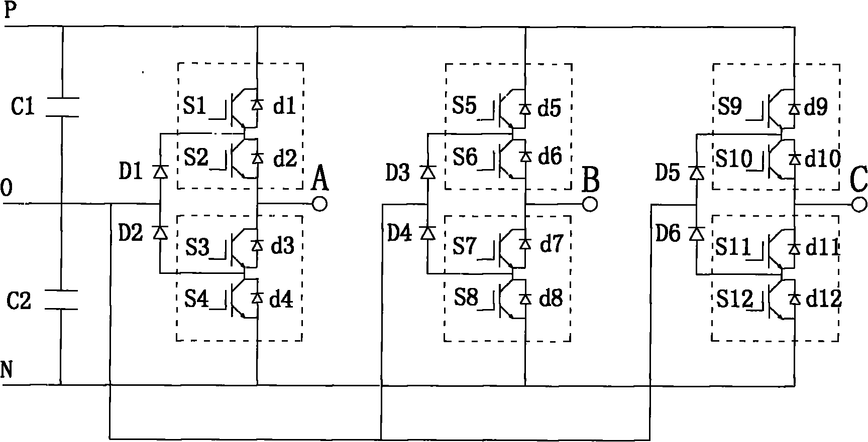 Diode clamping three-level frequency converter