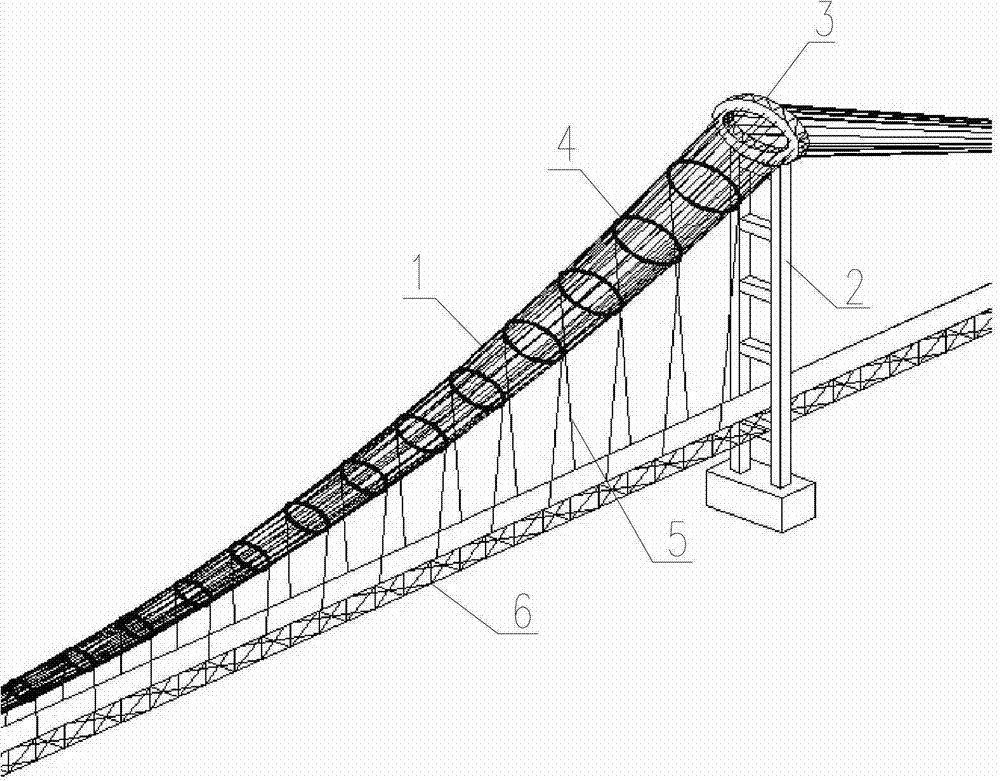 Especial-big span suspension bridge of uniparted hyperboloid space rope net main cable and construction method thereof