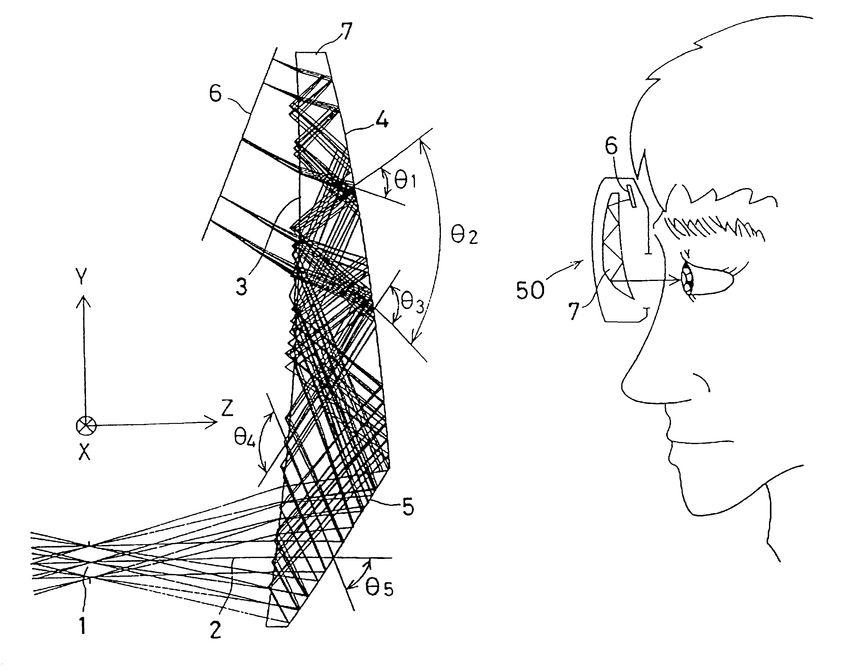 Ocular optics system having at least four reflections occurring between curved surfaces