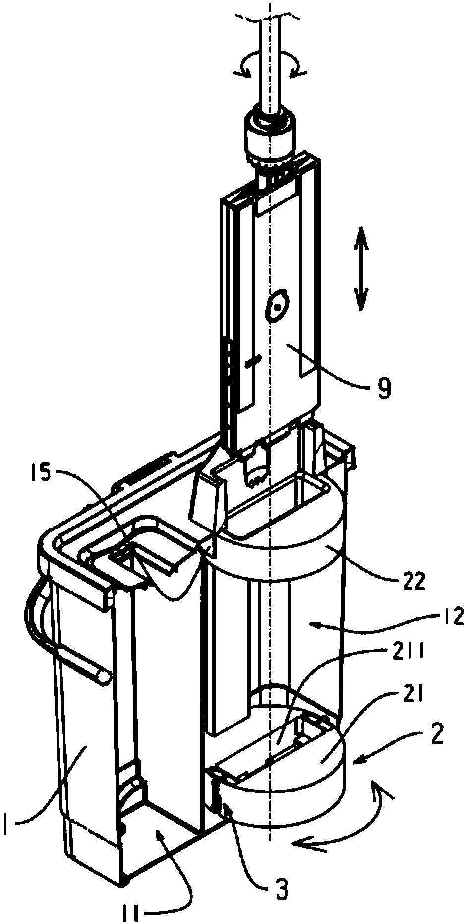 Vertical dewatering mop bucket for flat mop