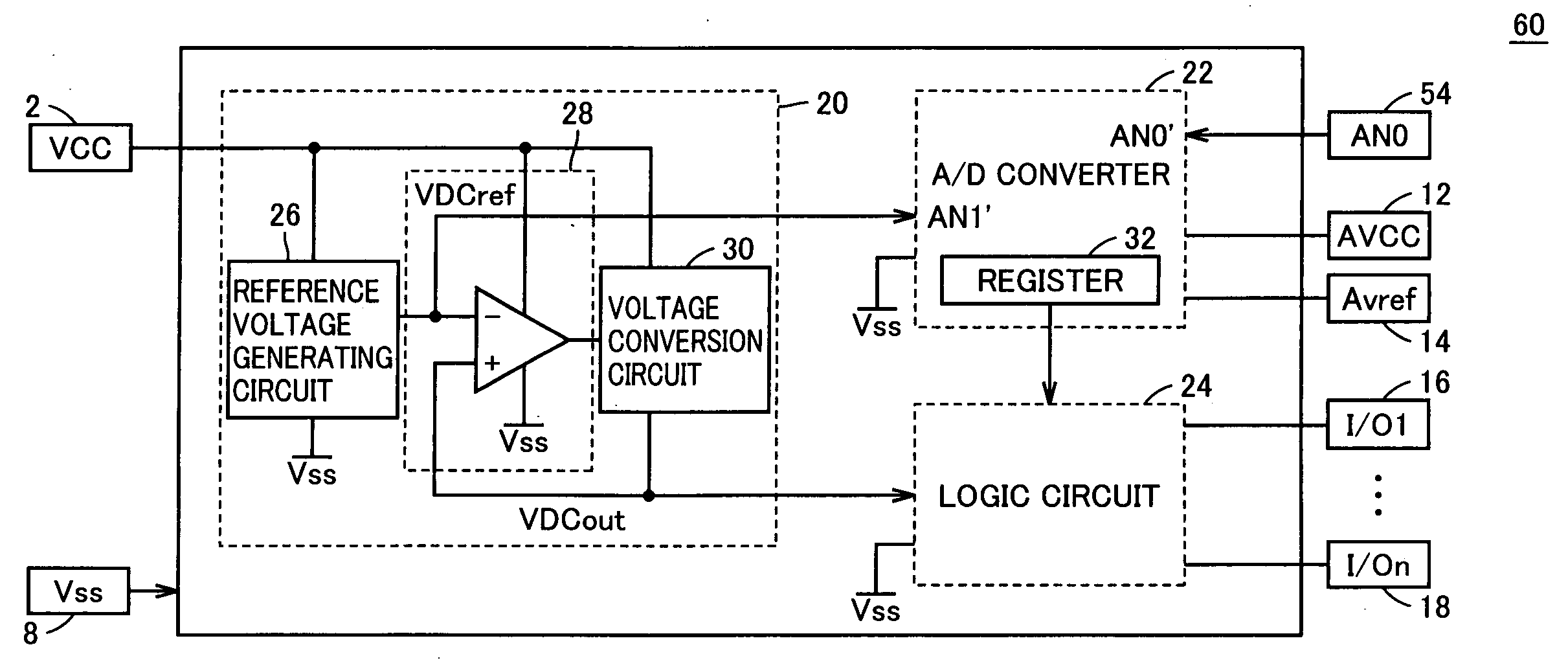 Semiconductor integrated circuit in which voltage down converter output can be observed as digital value and voltage down converter output voltage is adjustable