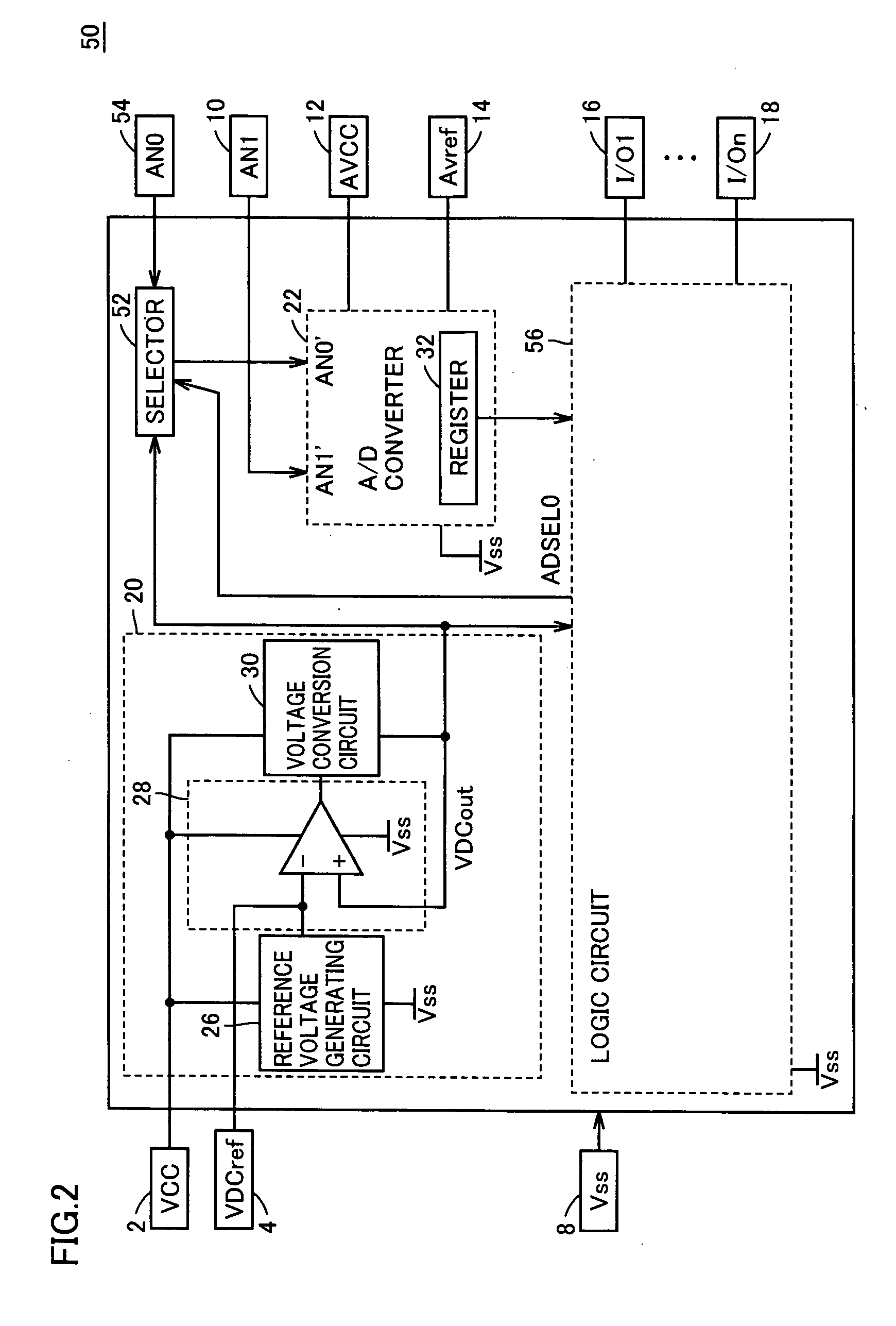 Semiconductor integrated circuit in which voltage down converter output can be observed as digital value and voltage down converter output voltage is adjustable
