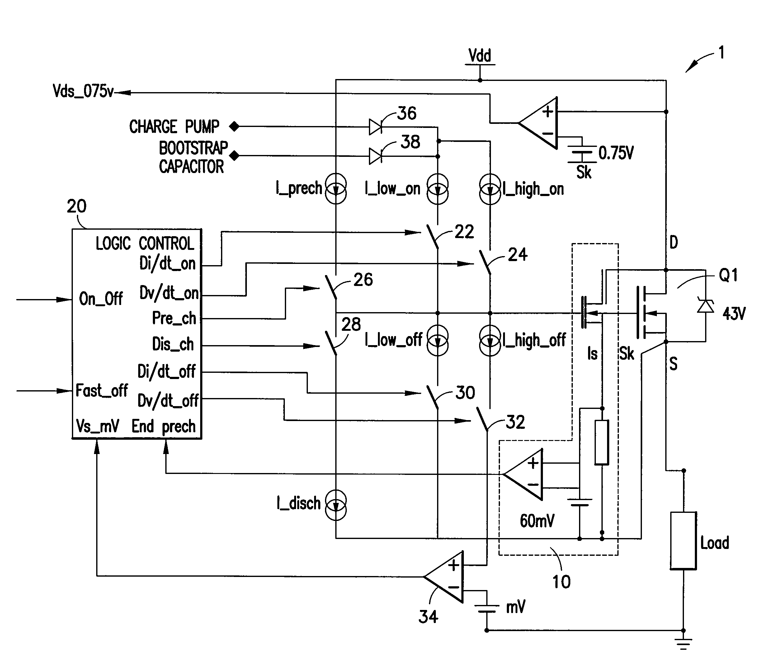 DC brushed motor drive with circuit to reduce di/dt and emi, for mosfet vth detection, voltage source detection, and overpower protection
