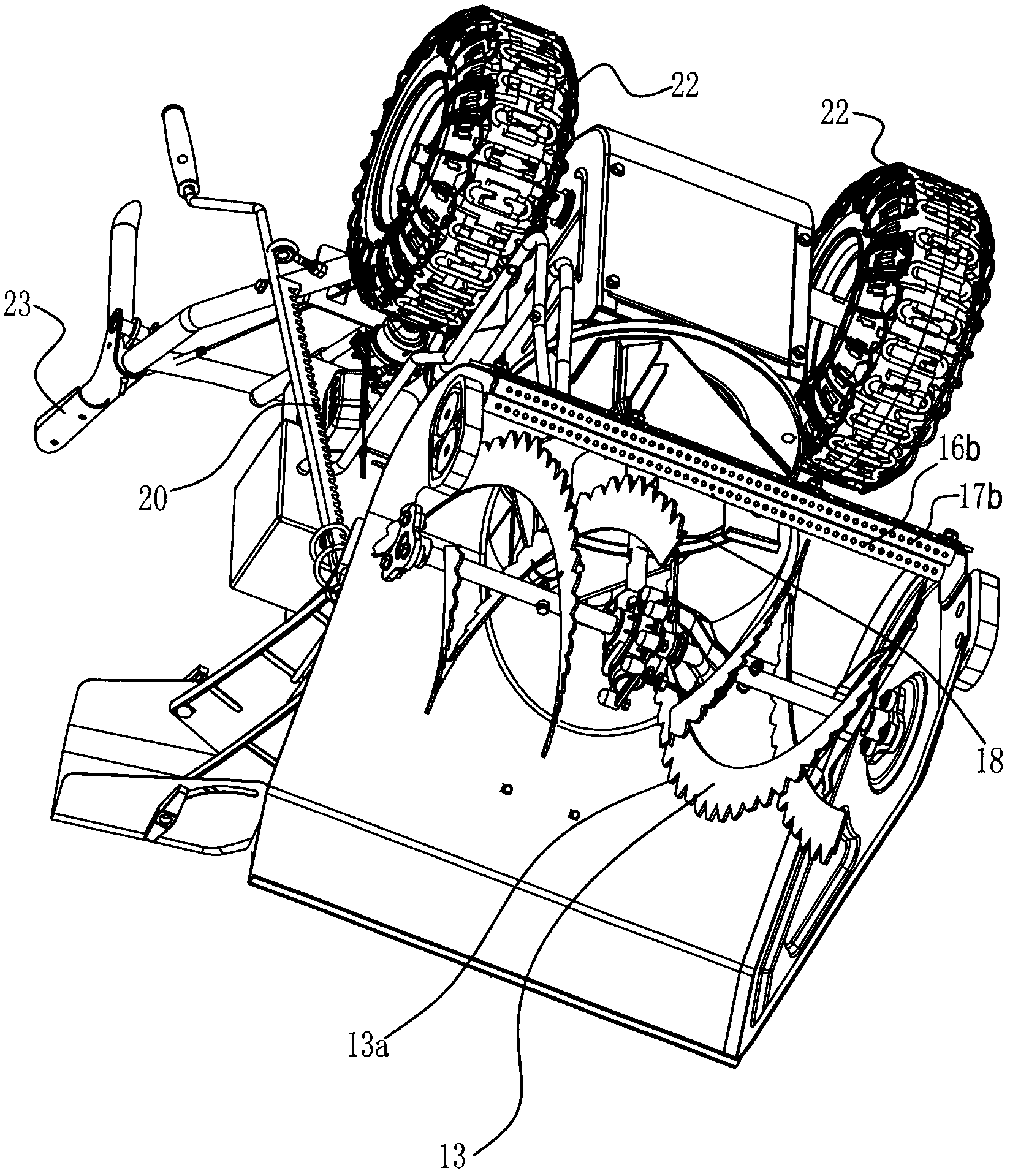 Snow plough with antiskid chains, ice tooth and snow brush auger, heat transfer steam tank and front exhaust pipe