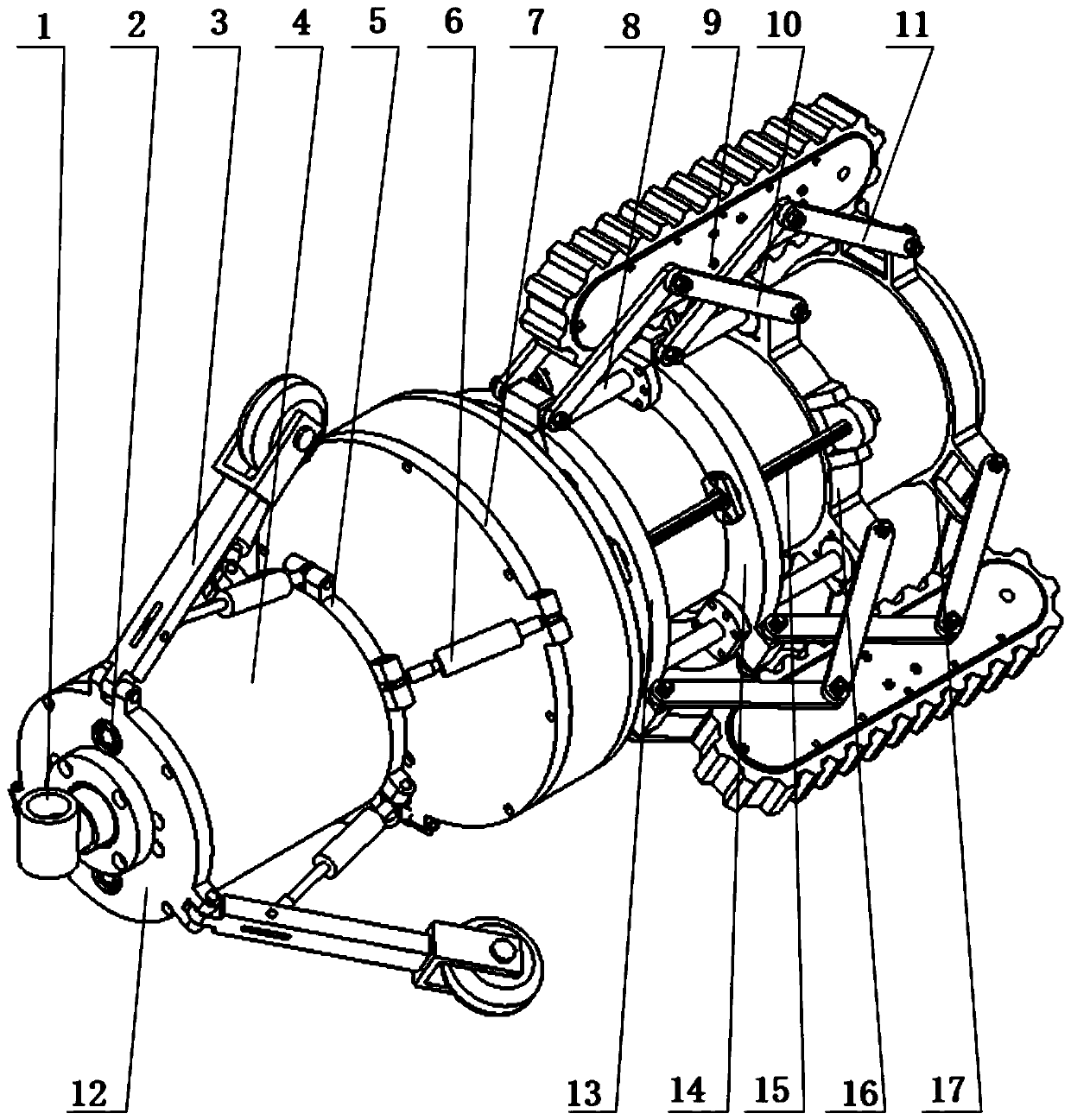 A crawler-wheeled pipeline detection robot with active self-adaptation to pipe diameter changes