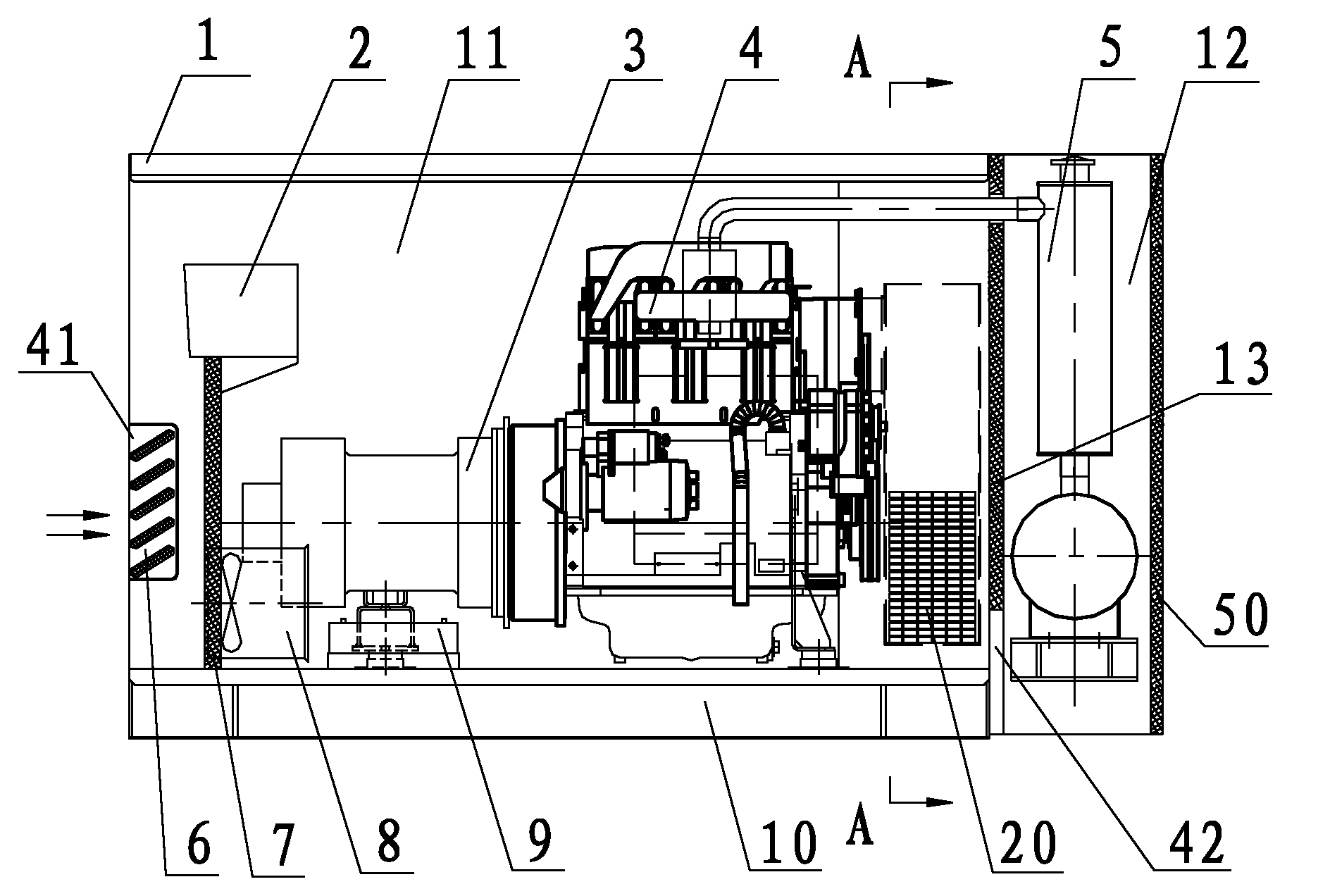 Air intake and exhaust device of air-cooling type low-noise diesel power generating set