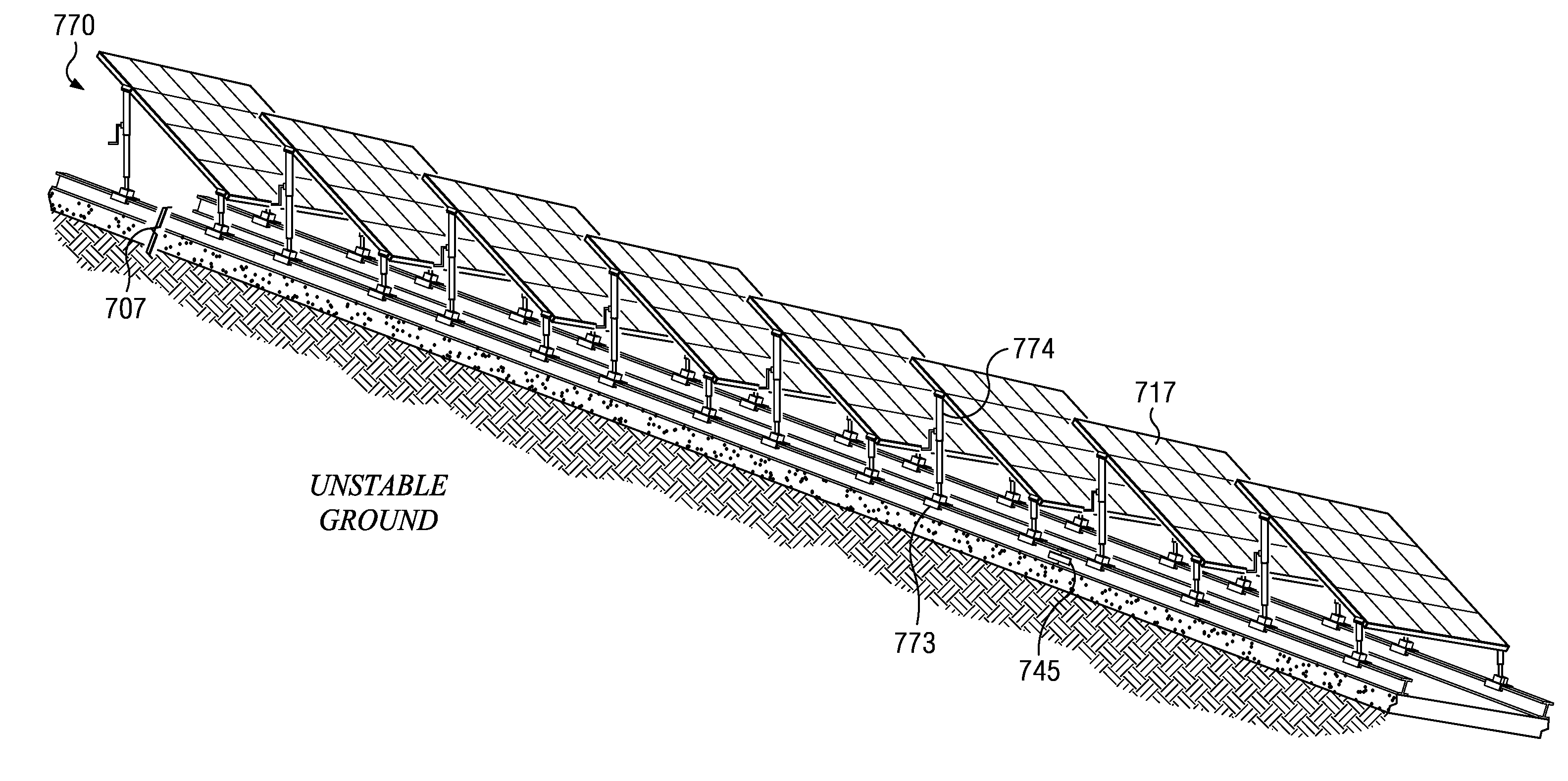 Segmented ballast base support structure and rail and trolley structures for unstable ground