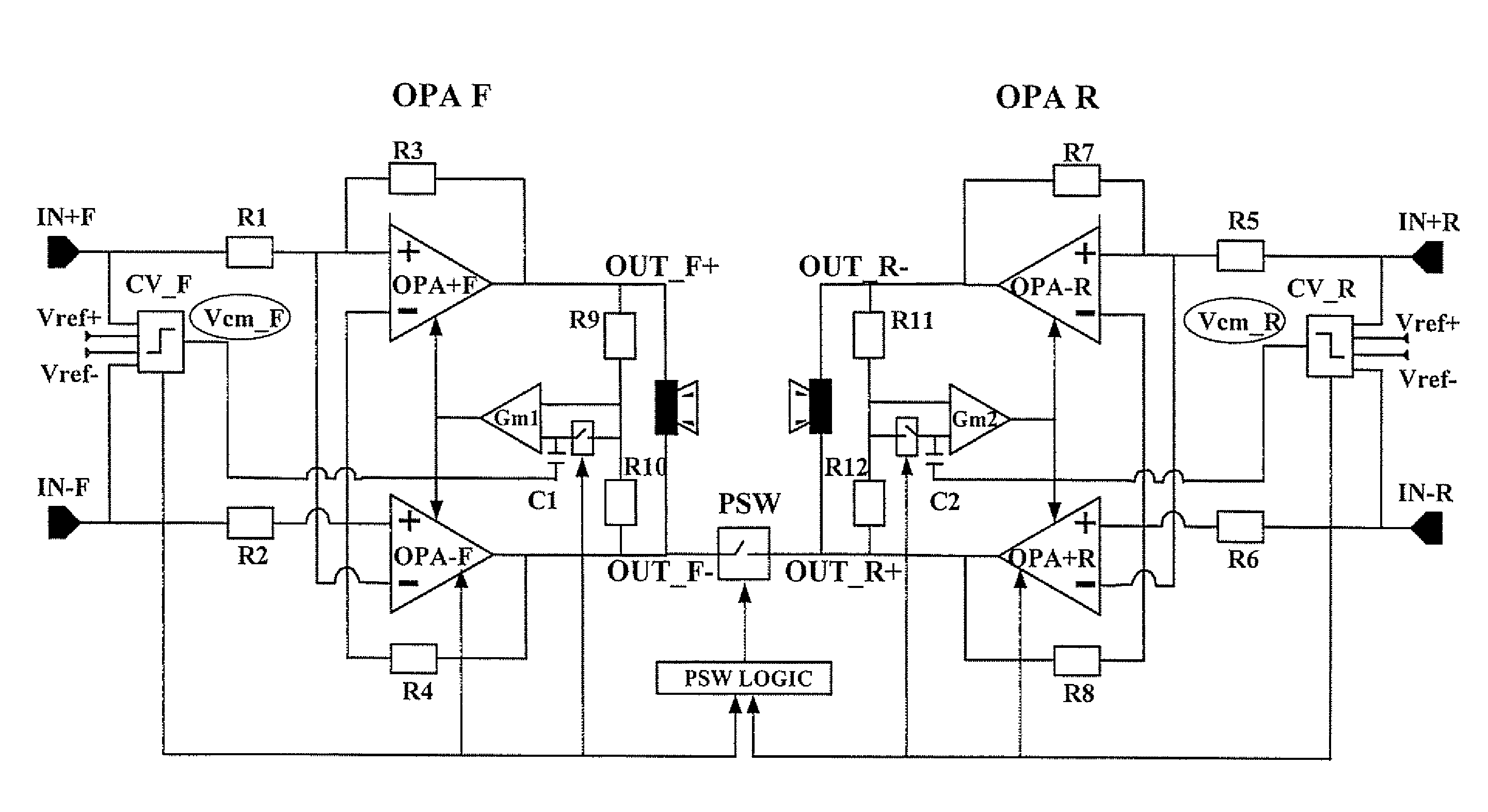 Method of preventing abrupt voltage changes at the outputs of a pair of amplifiers and control circuit for a pair of amplifiers self-configuring in a bridge configuration