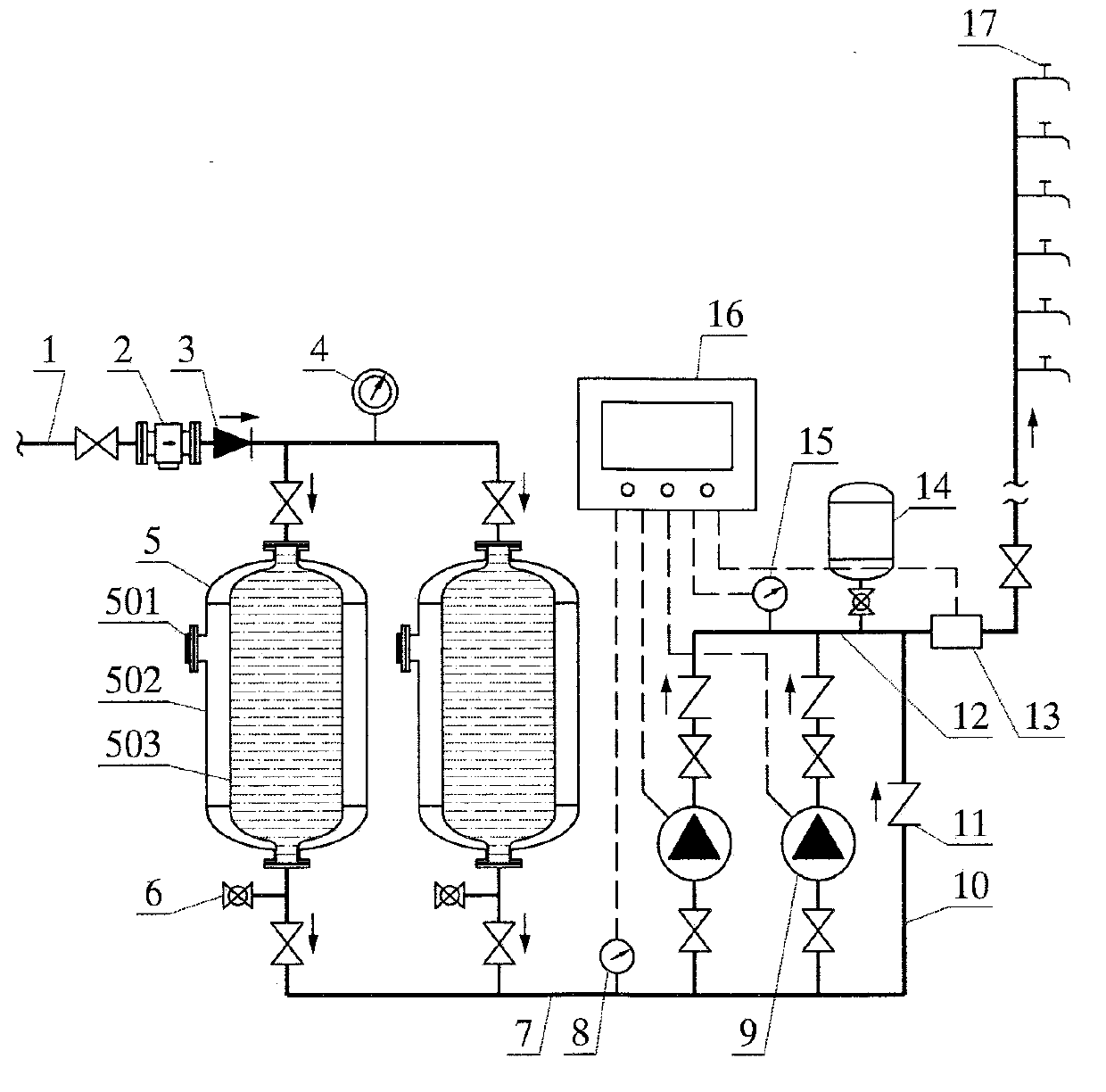 Double-tank adjustable pipe network pressure-superposed water supply device