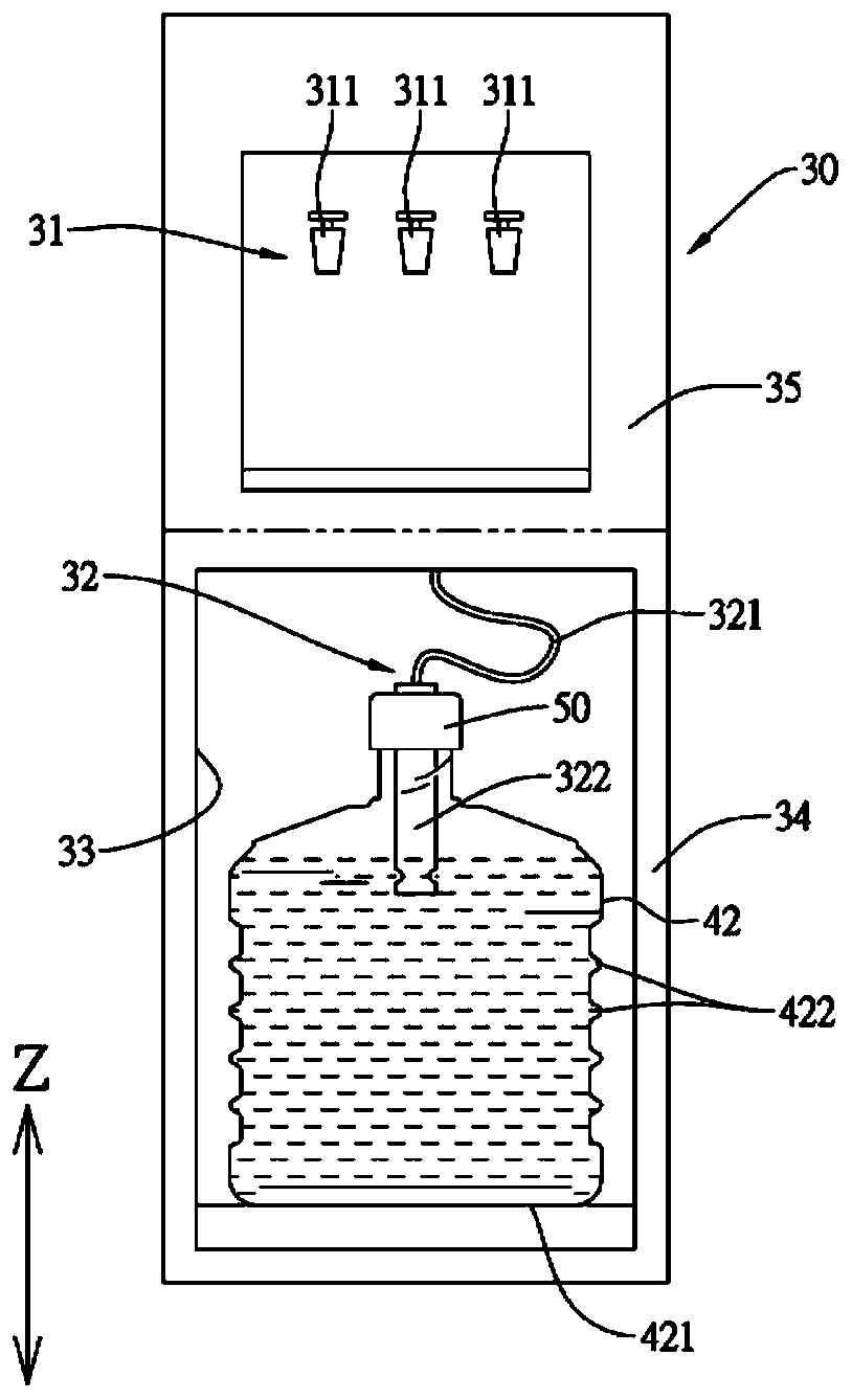 Underneath type water dispenser and underneath type water dispenser provided with shrink packaging bucket and application method thereof