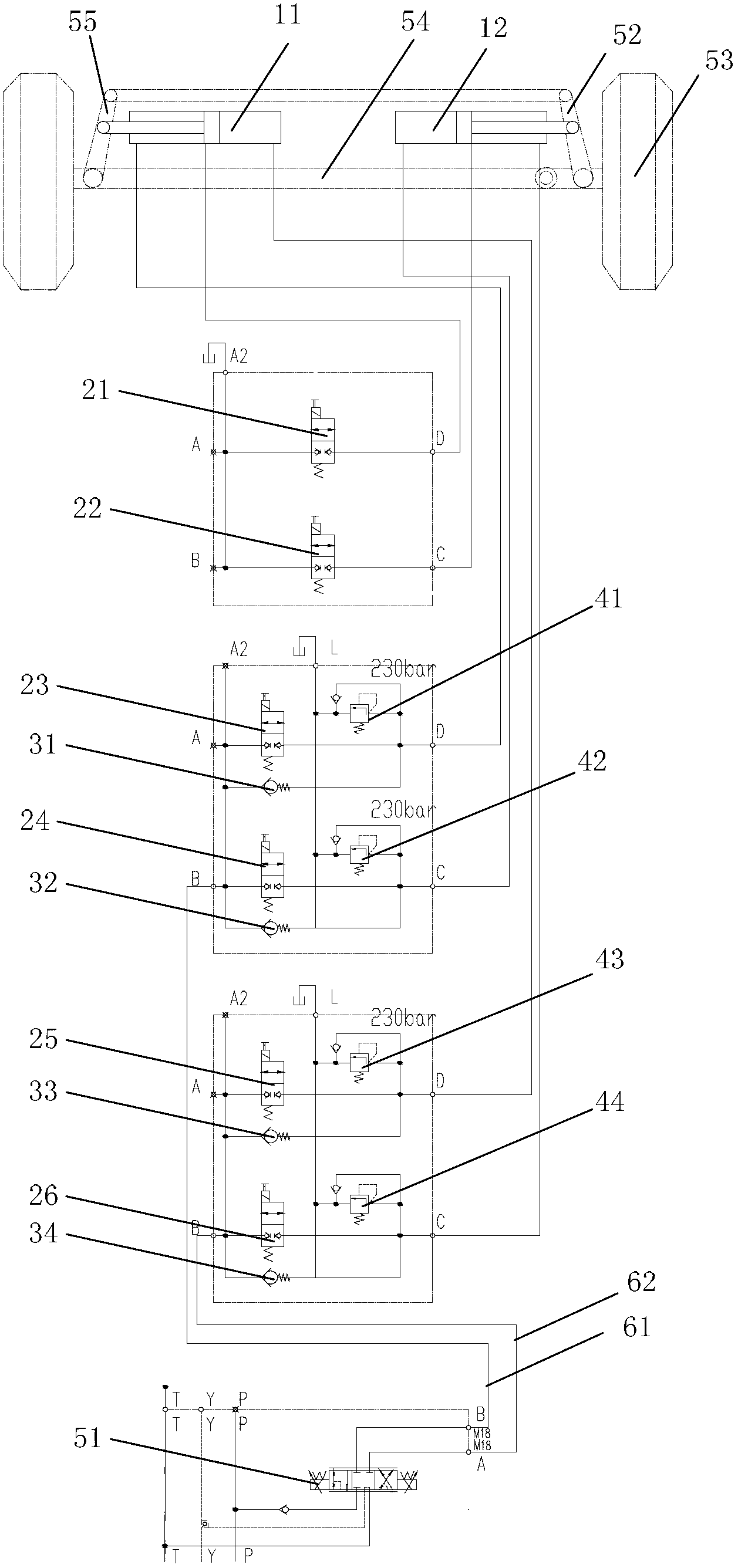 Steering oil cylinder structure, steering device and electric control steering axle