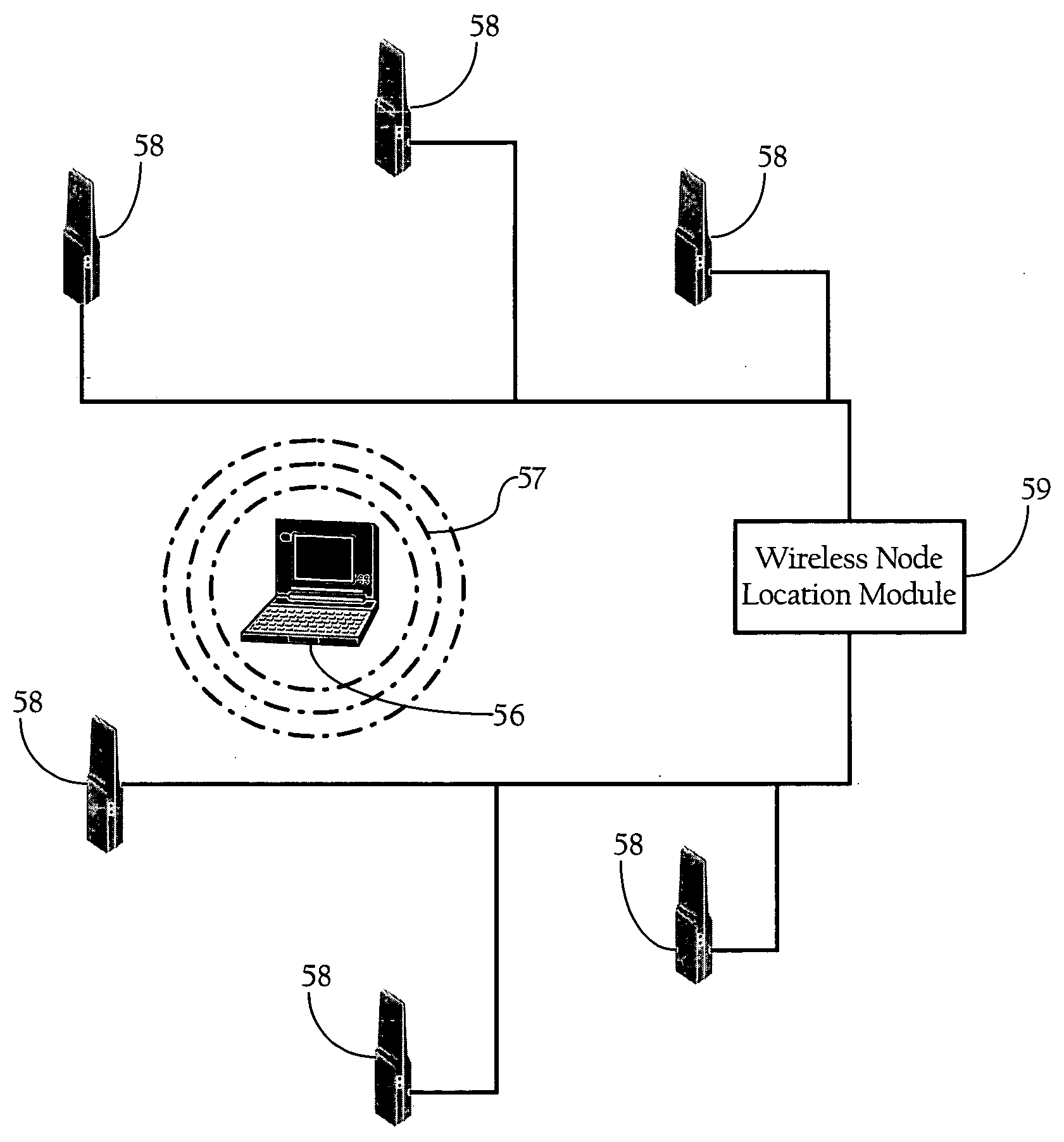 Wireless node location mechanism featuring definition of search region to optimize location computation