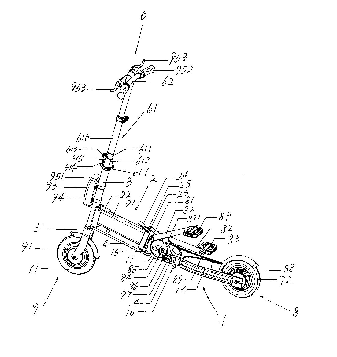 Portable T-handle electric pedal bike capable of being pushed to move after being folded