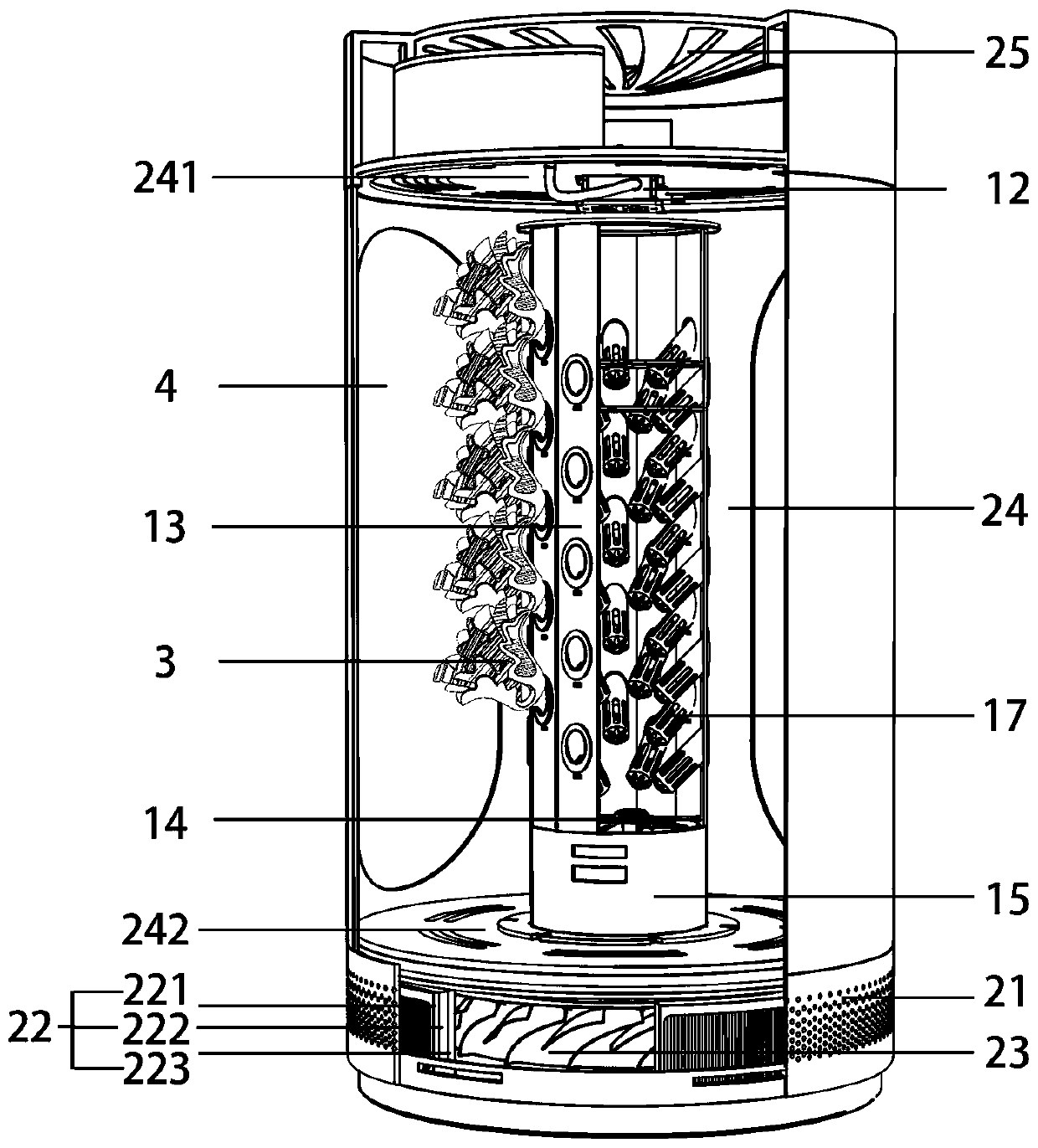 Air-purifying domestic pillar-type ultrasonic plant aeroponics device