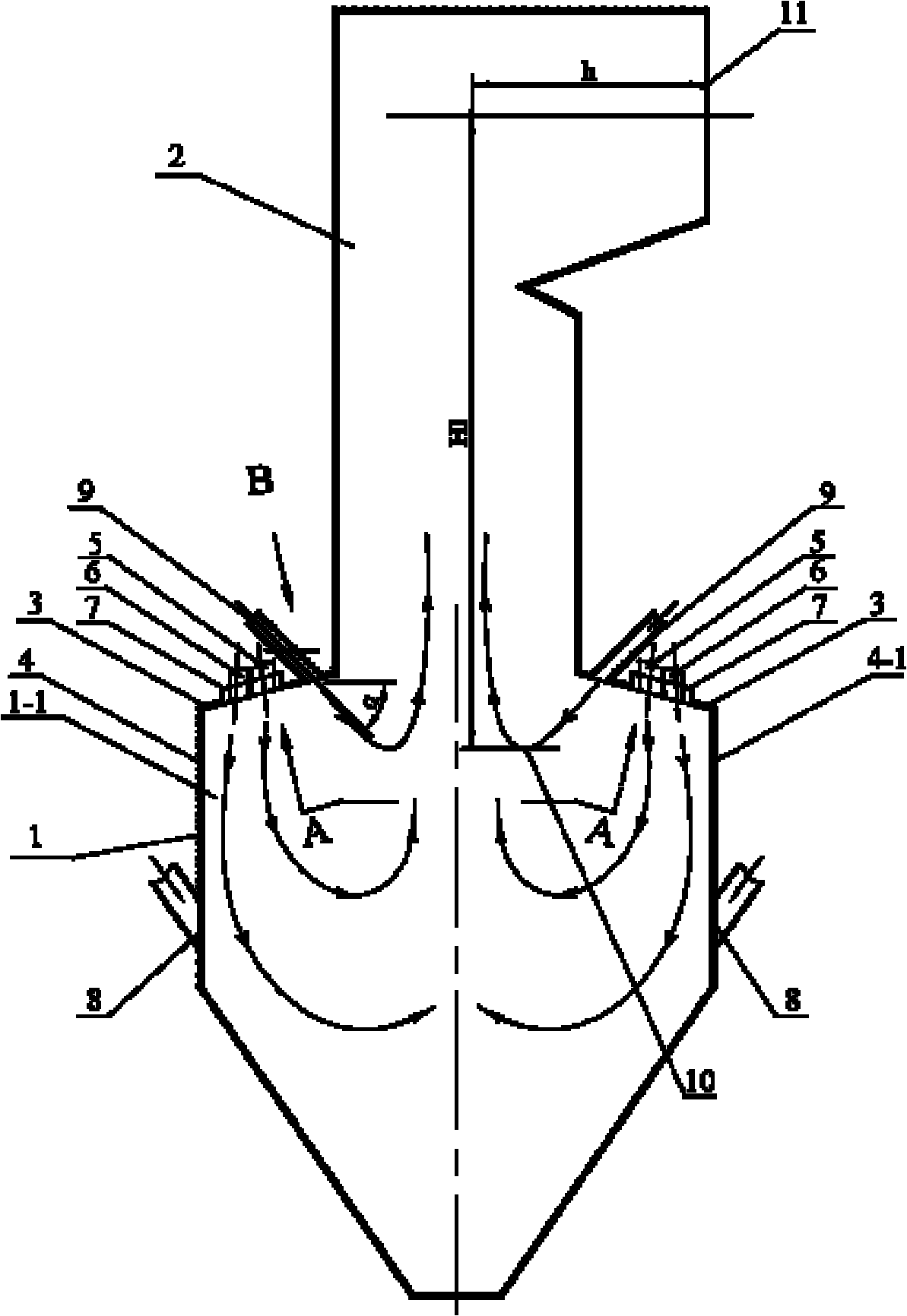 W-shaped flame boiler disposing aperture type over-fire air spouts on stove arch