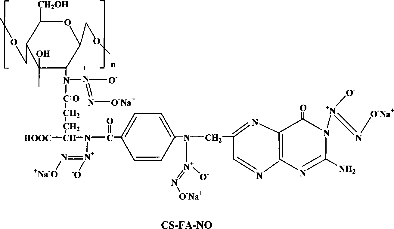 Folic acid modification of chitosan nucleophilic NO donator and compounding method thereof