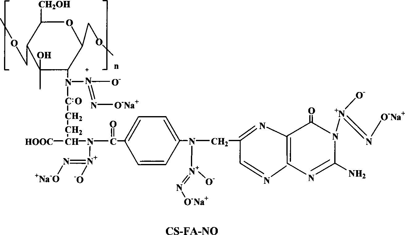 Folic acid modification of chitosan nucleophilic NO donator and compounding method thereof