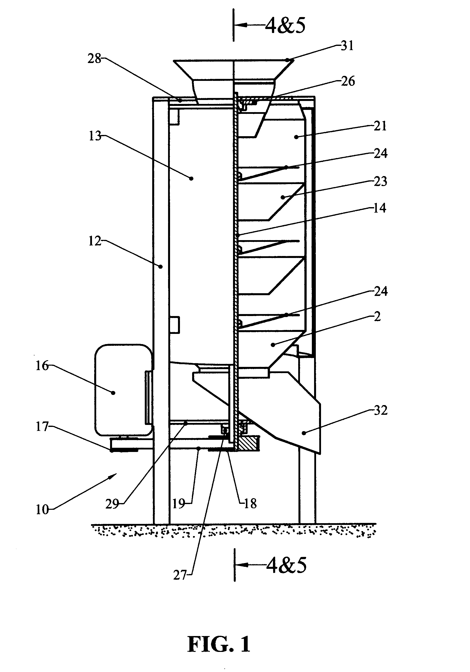 Method and apparatus for separating cooking oils from snack food products through a quasi-continuous centrifuge action