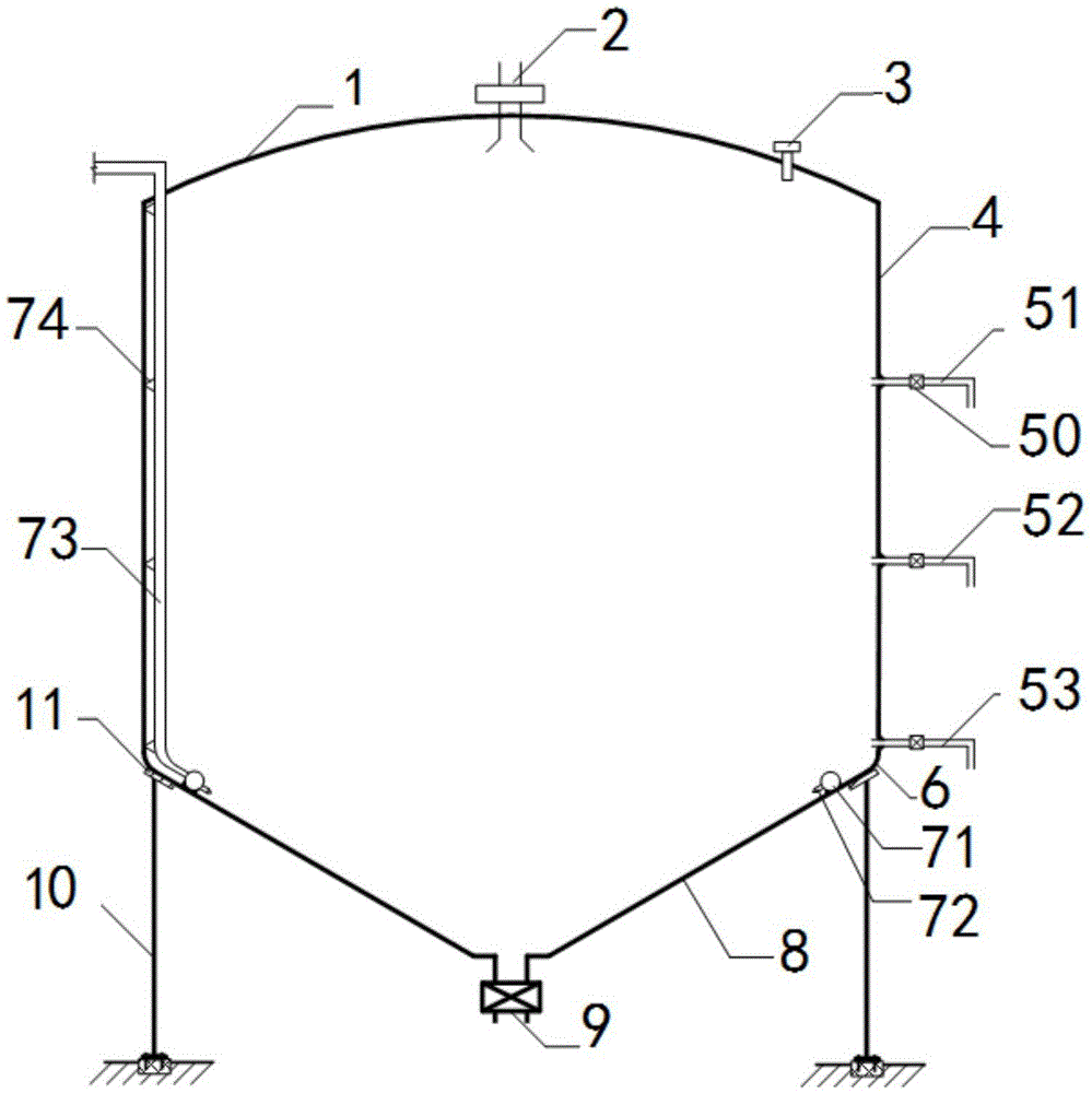 A conical bottom tank for oil sand treatment