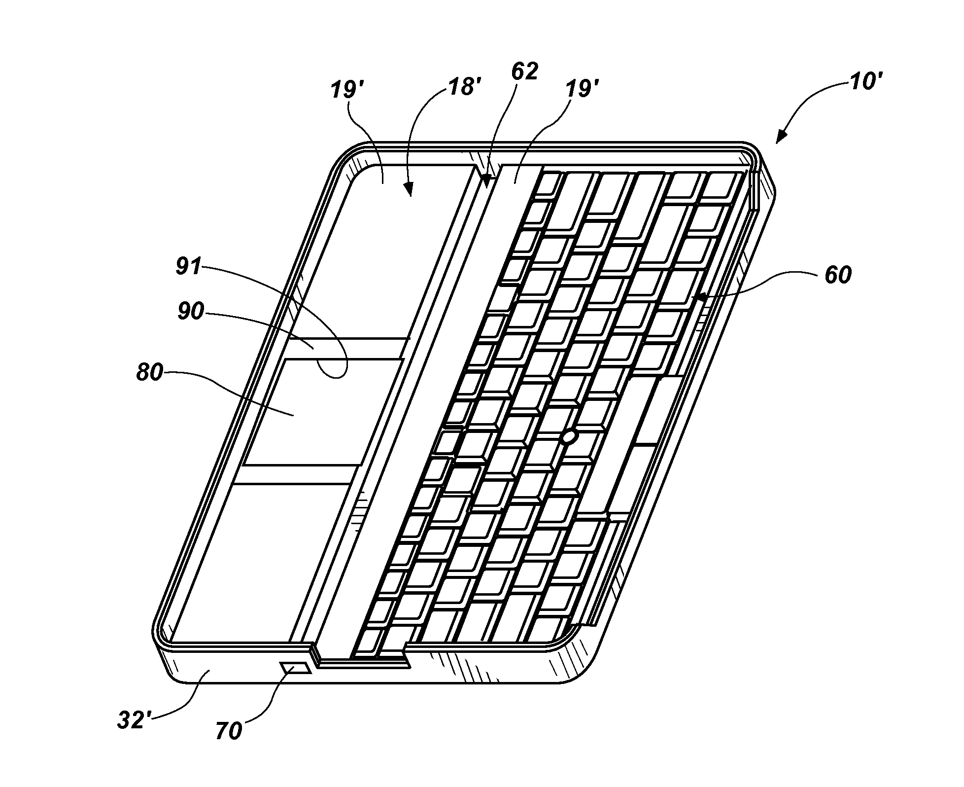 Keyboard with slot for orienting a tablet computer during use and tablet computing systems