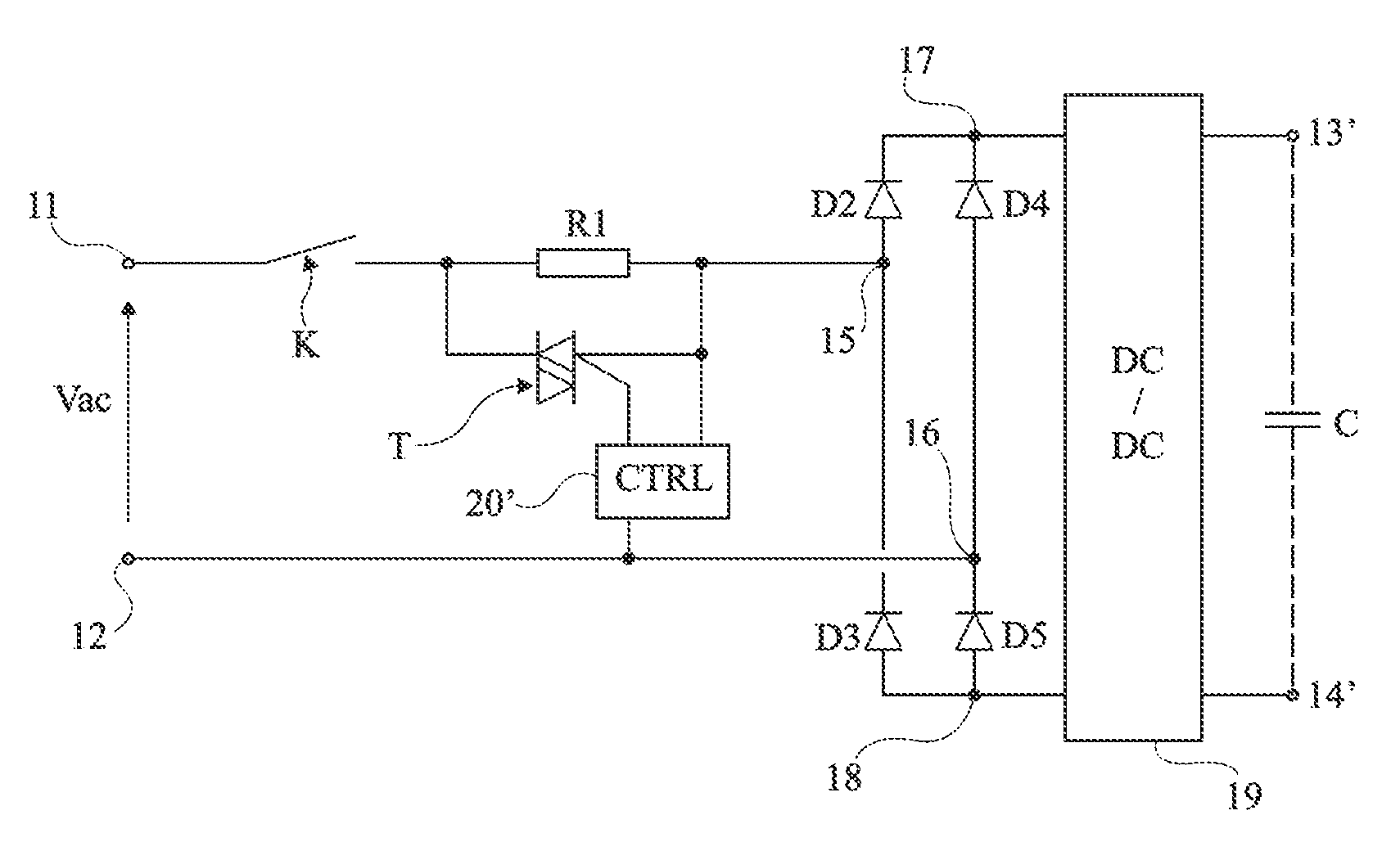 Capacitive power supply with surge current limitation