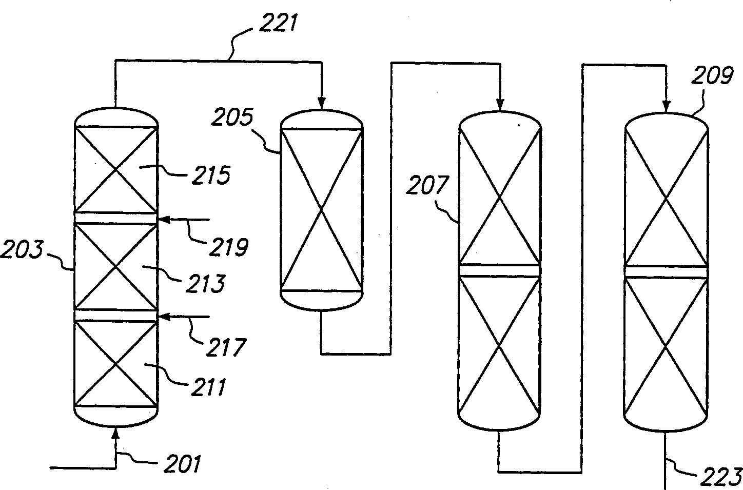 Upflow reactor system with layered catalyst bed for hydrotreating heavy feedstocks