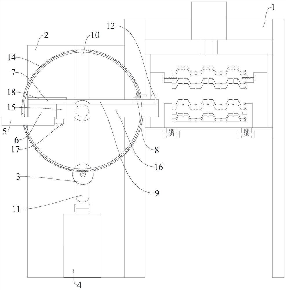 Open floor deck forming equipment with material conveying mechanism