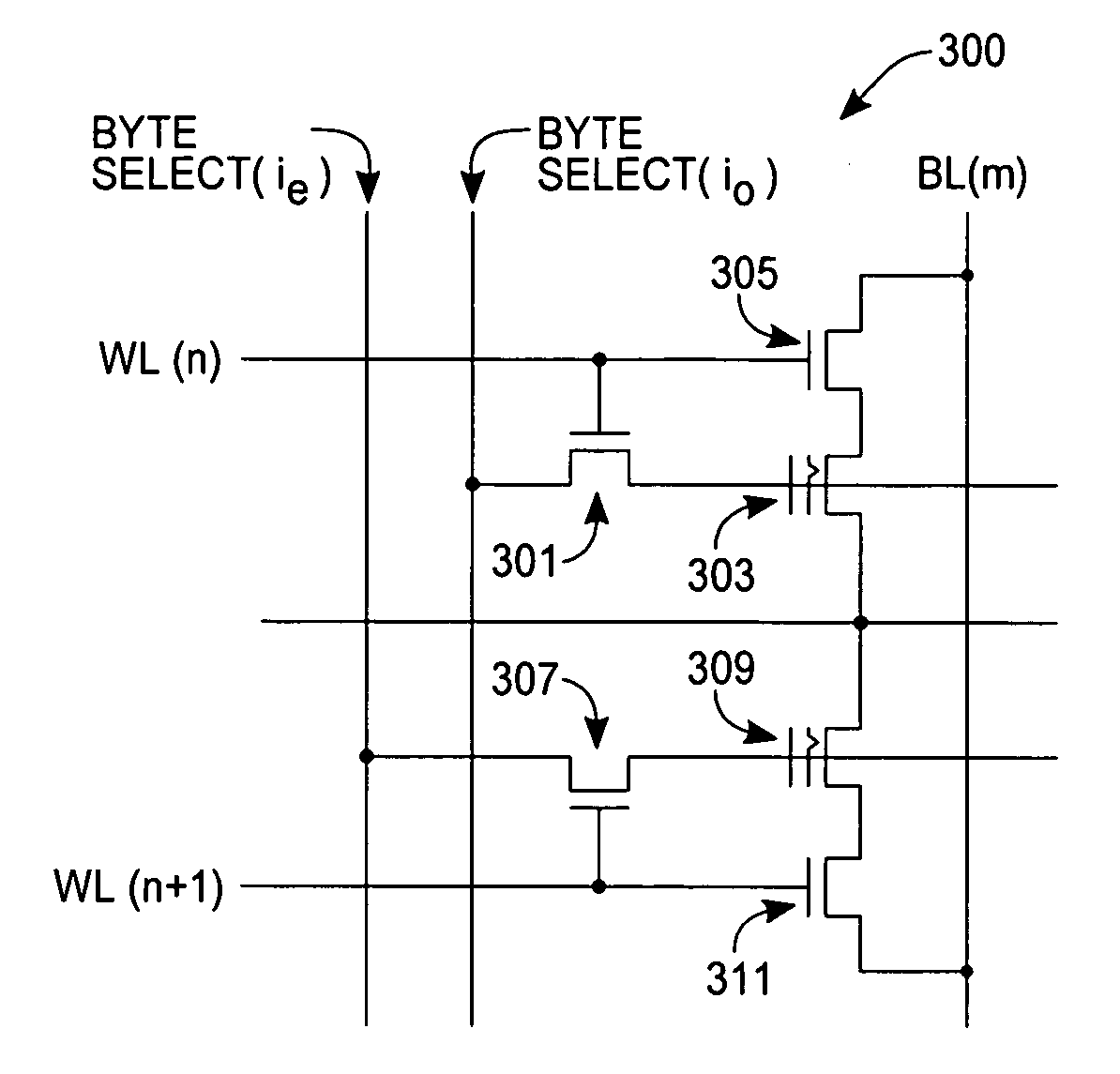 Double byte select high voltage line for EEPROM memory block