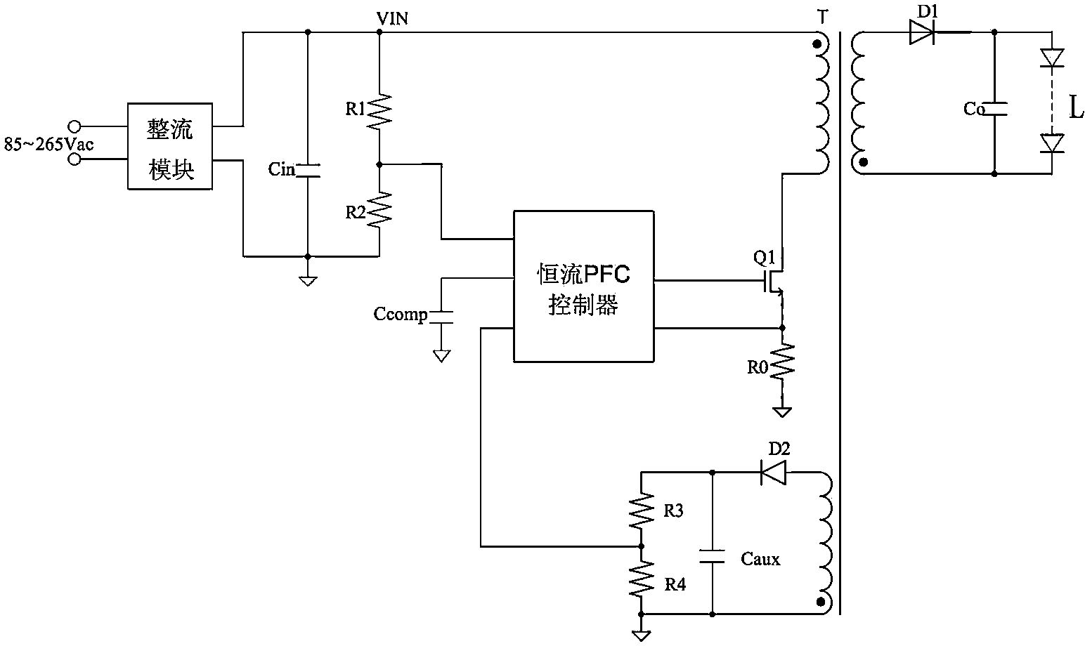 High-PFC constant current control device without loop compensation and voltage converter