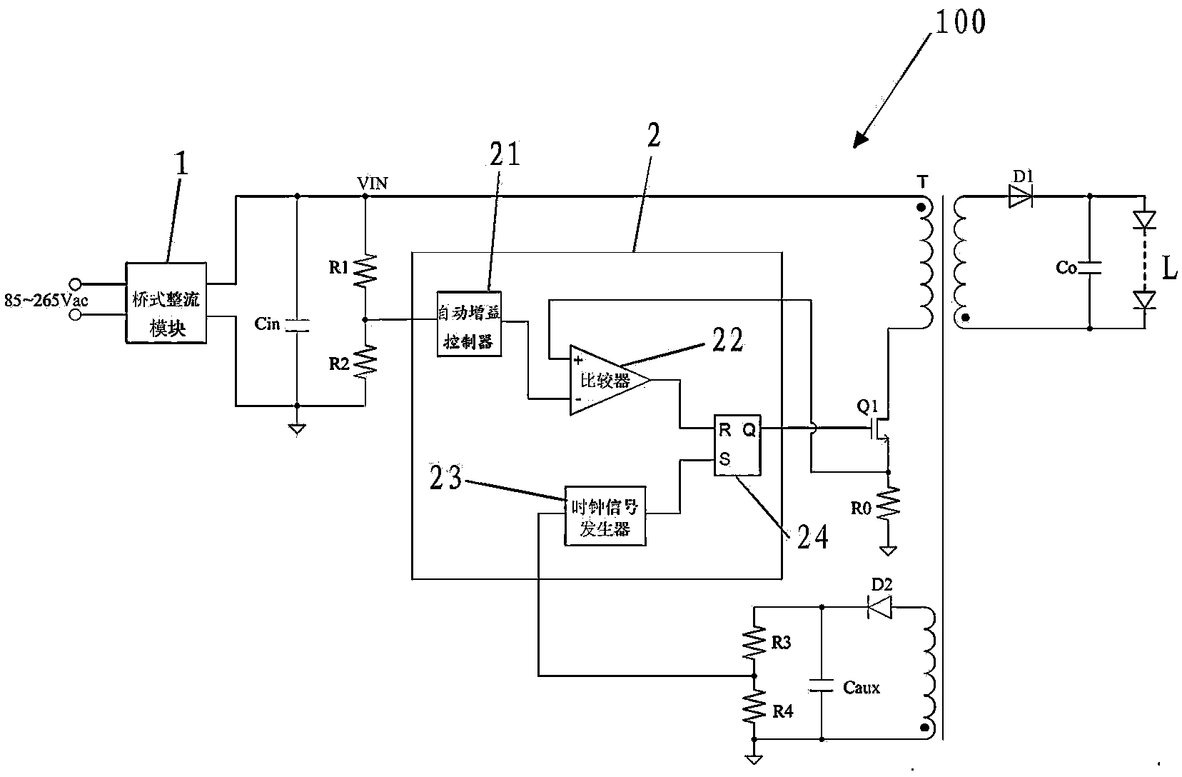 High-PFC constant current control device without loop compensation and voltage converter