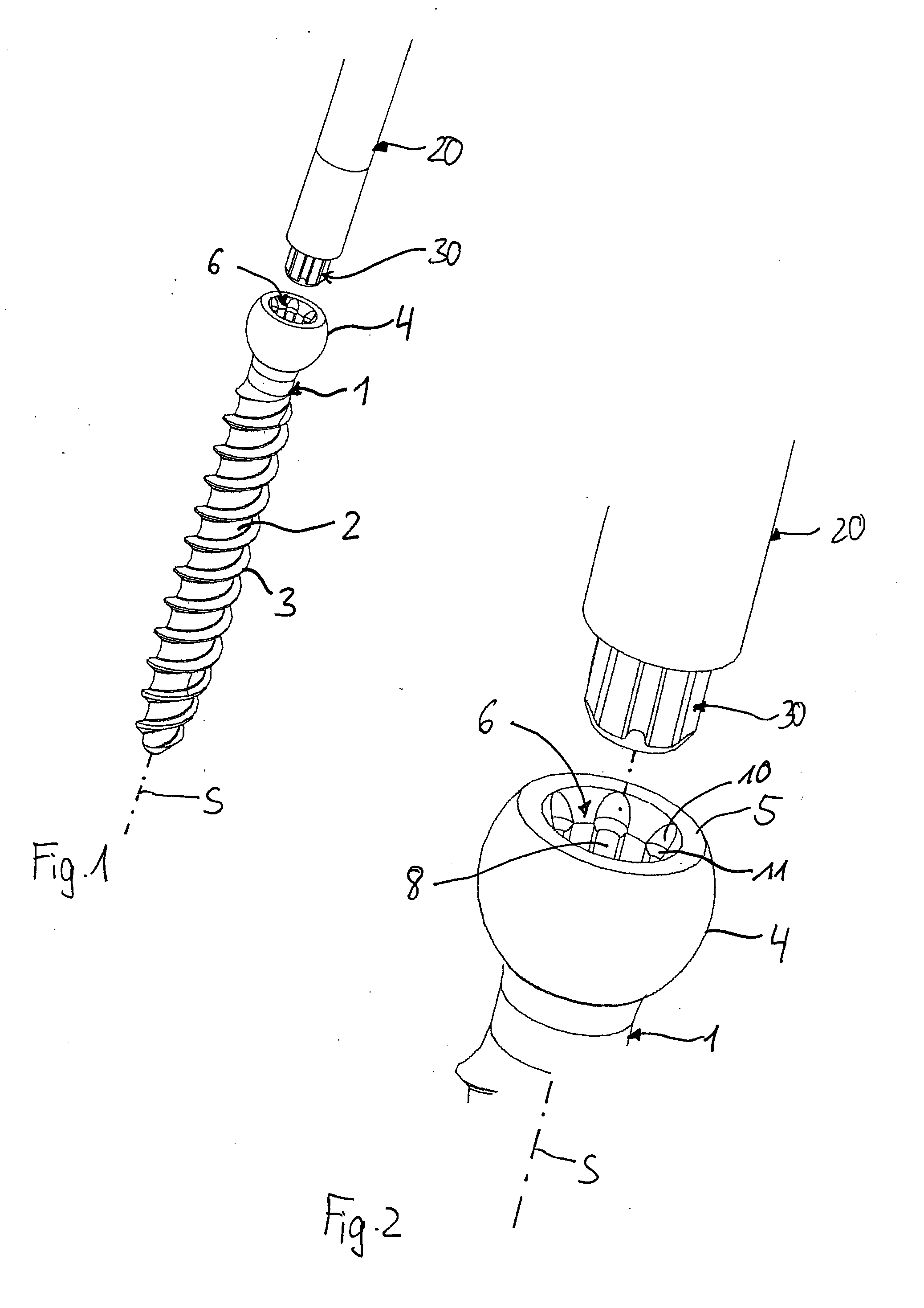 Screw element for use in spinal, orthopedic or trauma surgery and a system of such a screw element and a screw driver adapted thereto