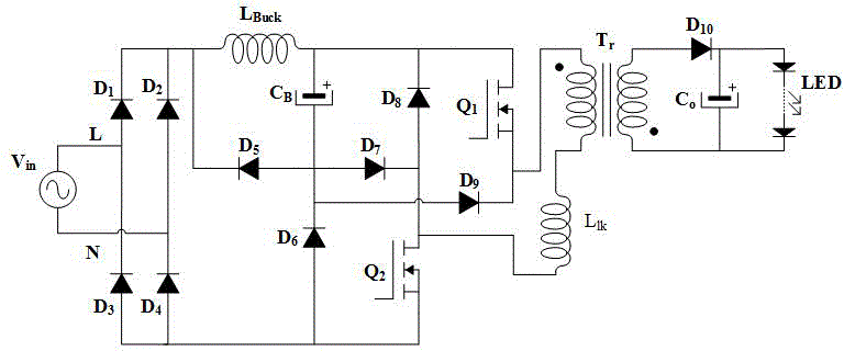 Single-level step-down LED driving circuit of leakage energy feedback
