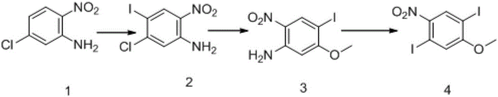 Method for synthesizing 1,4-diiodo-2-methoxy-5-nitrobenzene