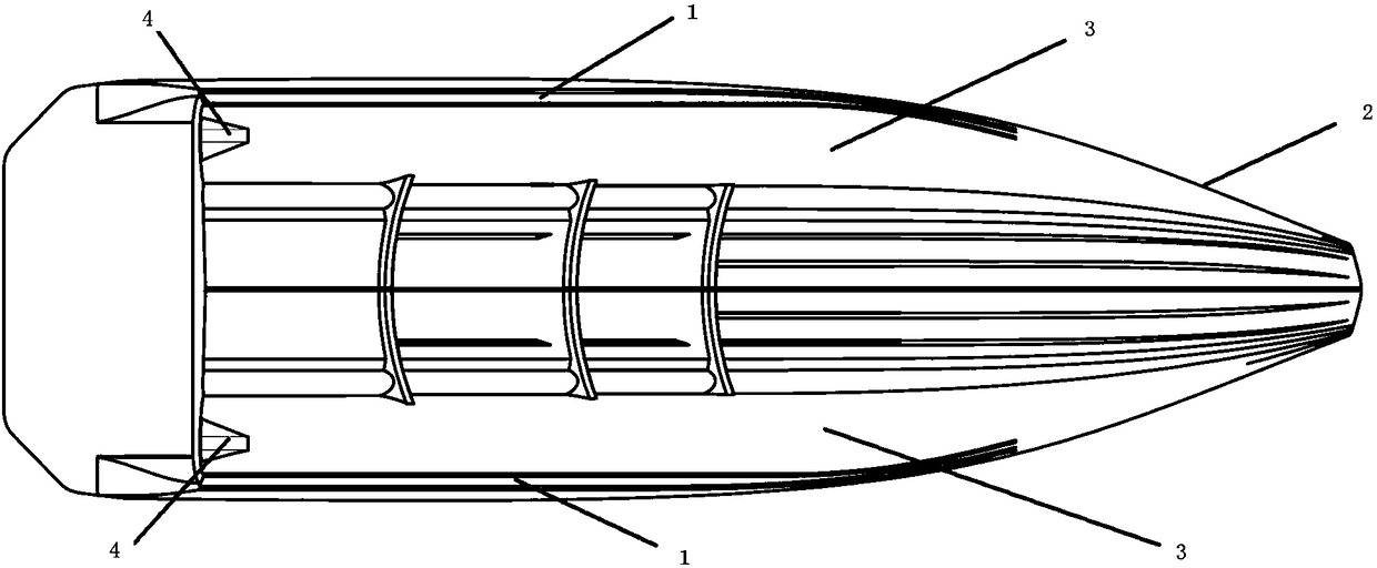 Three-hull planing boat provided with groove channel wave suppression plate