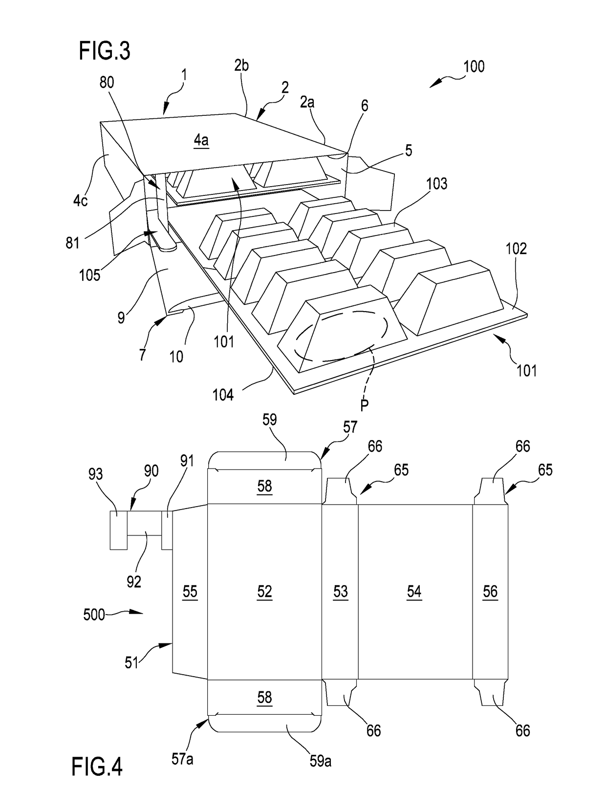 Package and associated container, process for making said package and said container