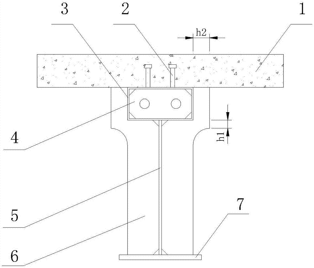 Hollow tube flange composite beam provided with internal and external stiffening ribs