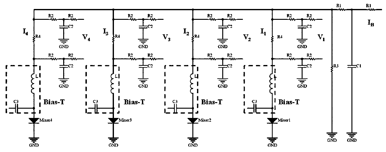 Terahertz heterodyne array receiver bias multiplexing device