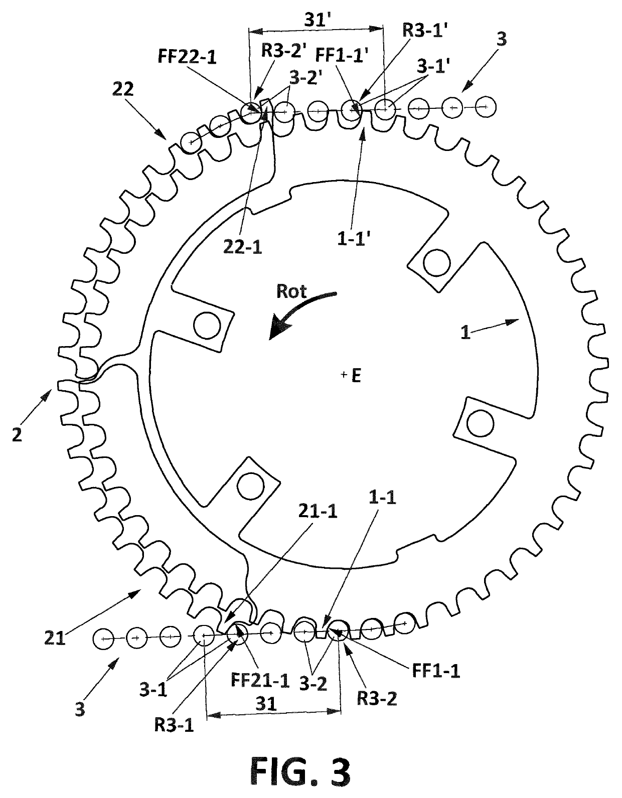 Chain-rings set for a power transmission system provided with segmented chain-rings in different planes