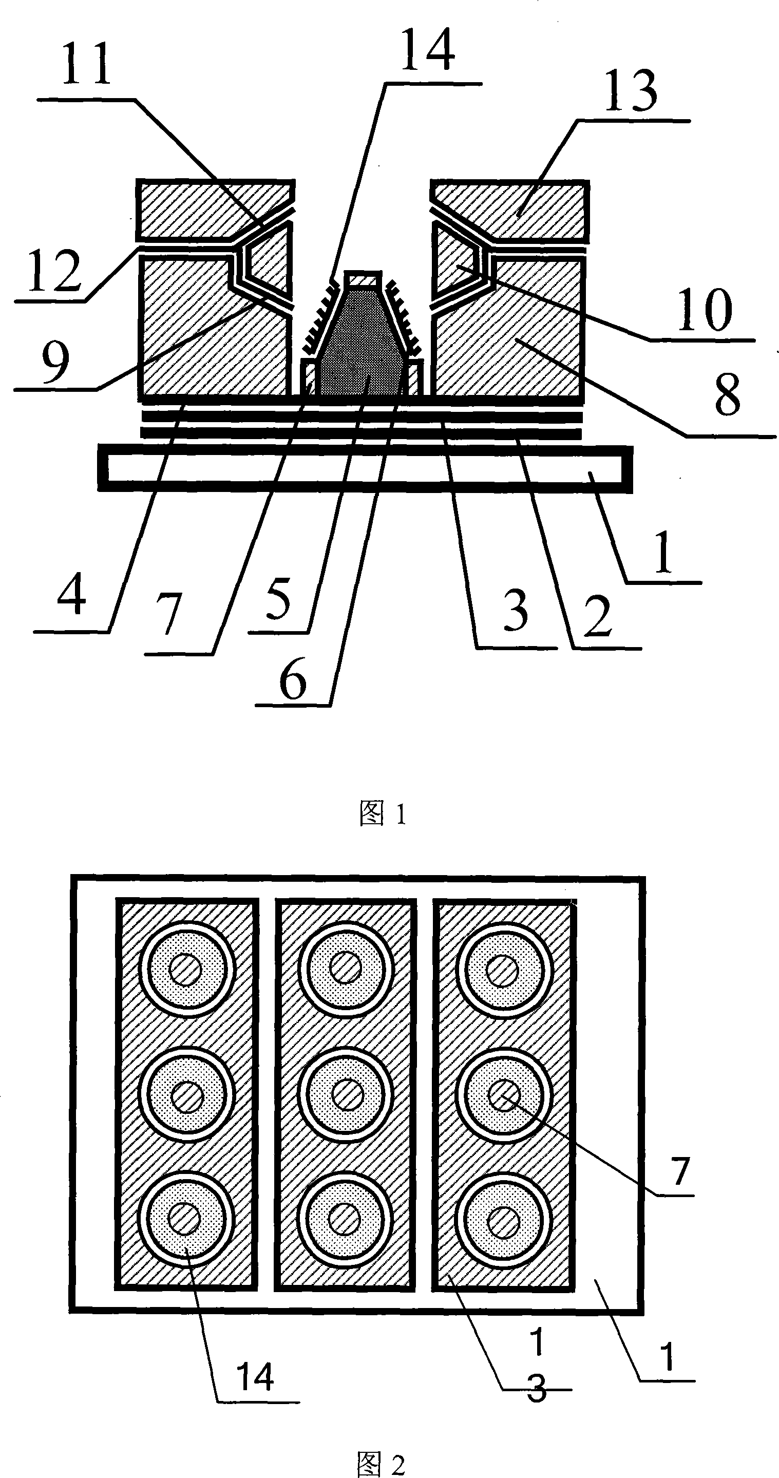 Flat panel display with bevelled grid controlled cathode structure in truncated cone form, and fabricating technique