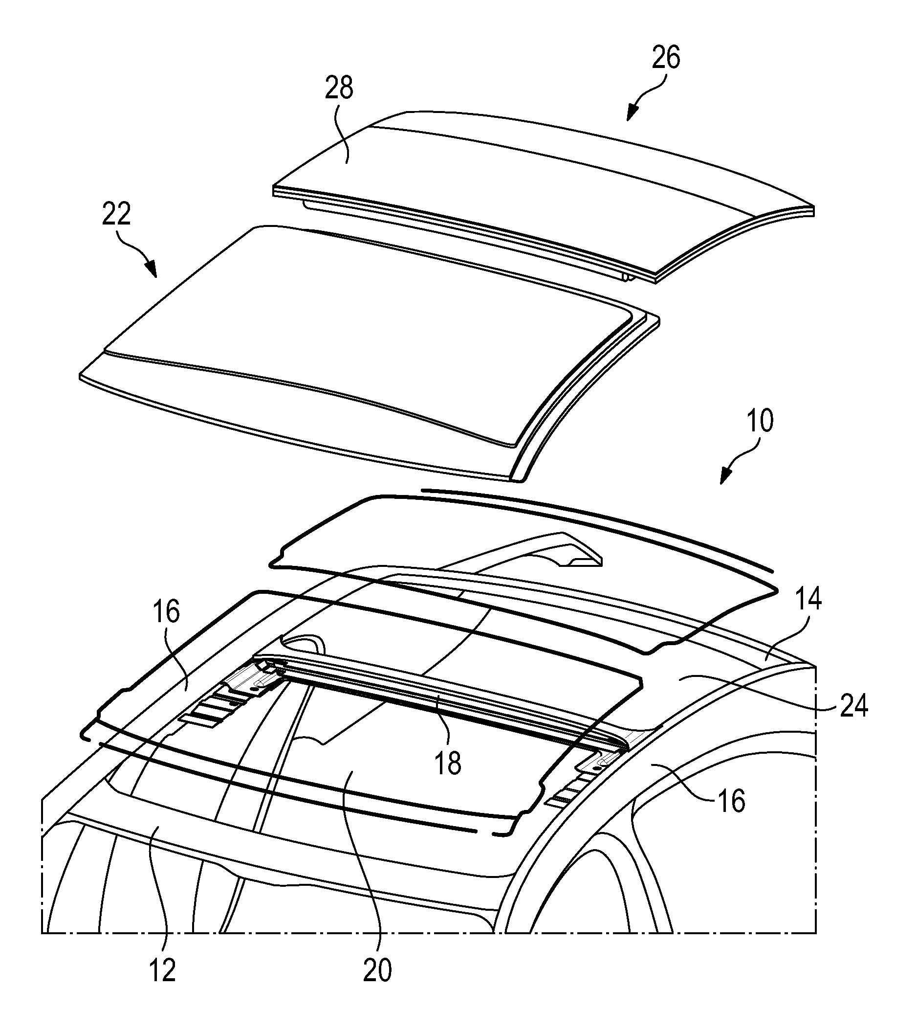 Roof construction for a motor vehicle and motor vehicle bodyshell