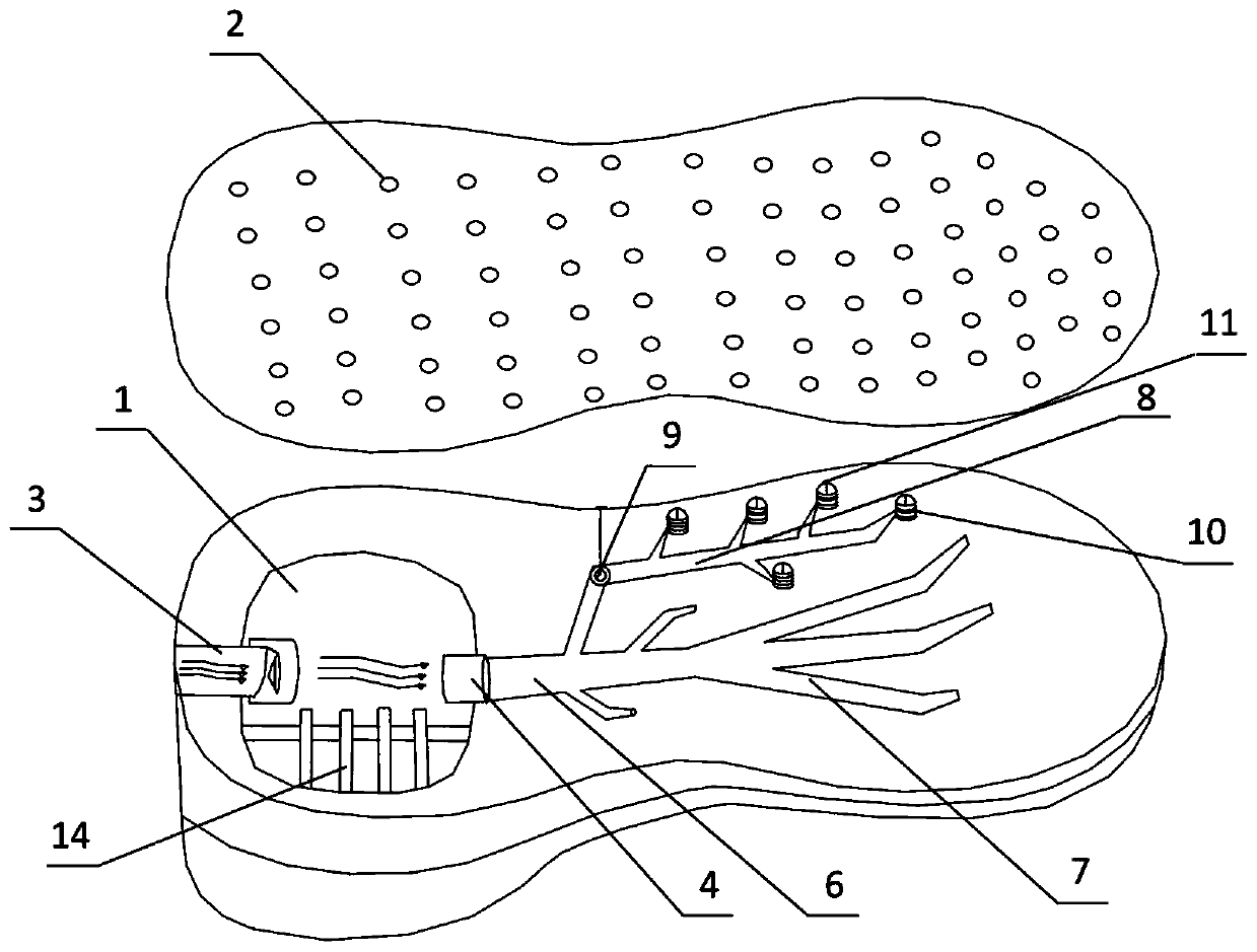 Ventilating massage device applied to shoe sole