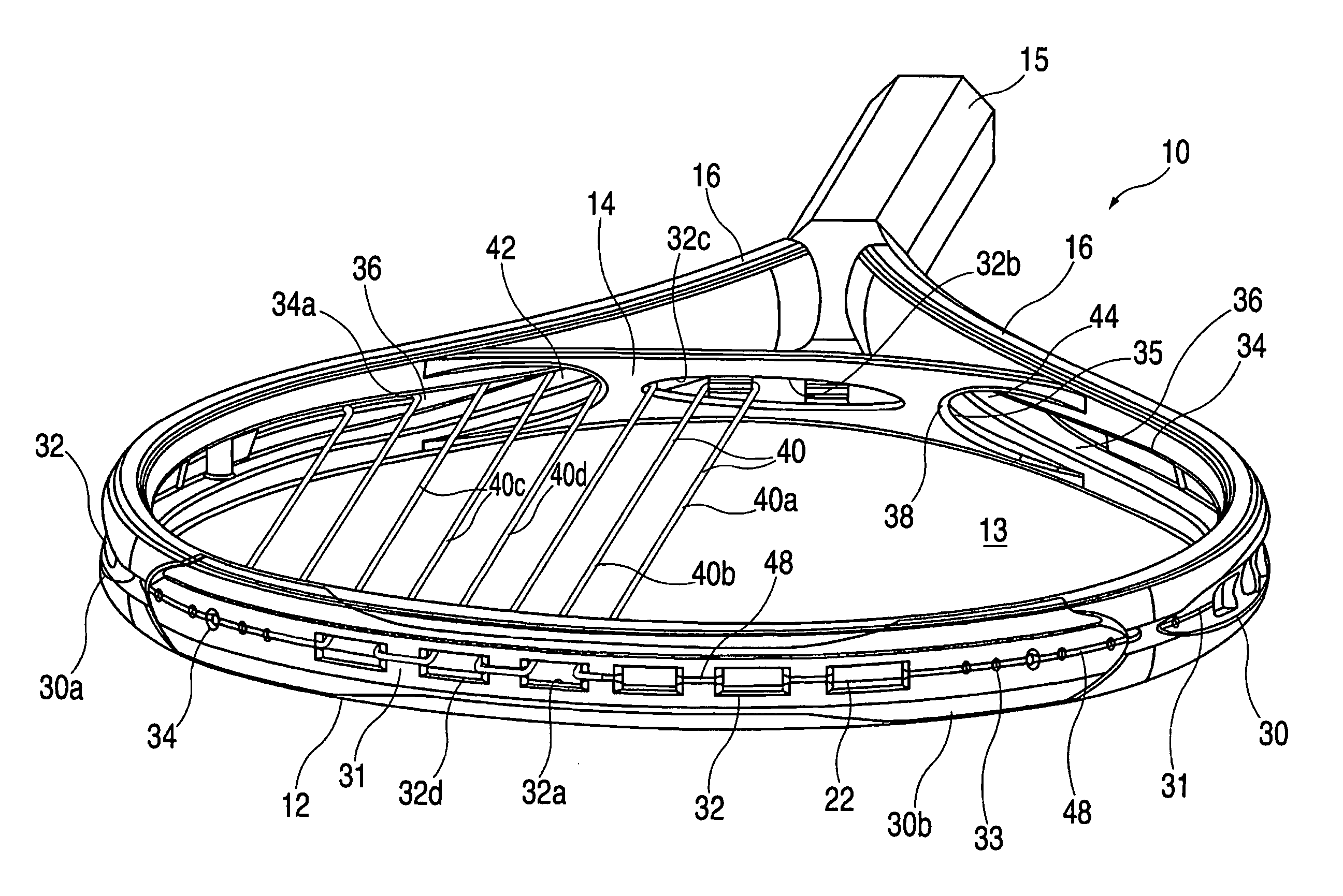 Sports racquet with insert members for anchoring strings