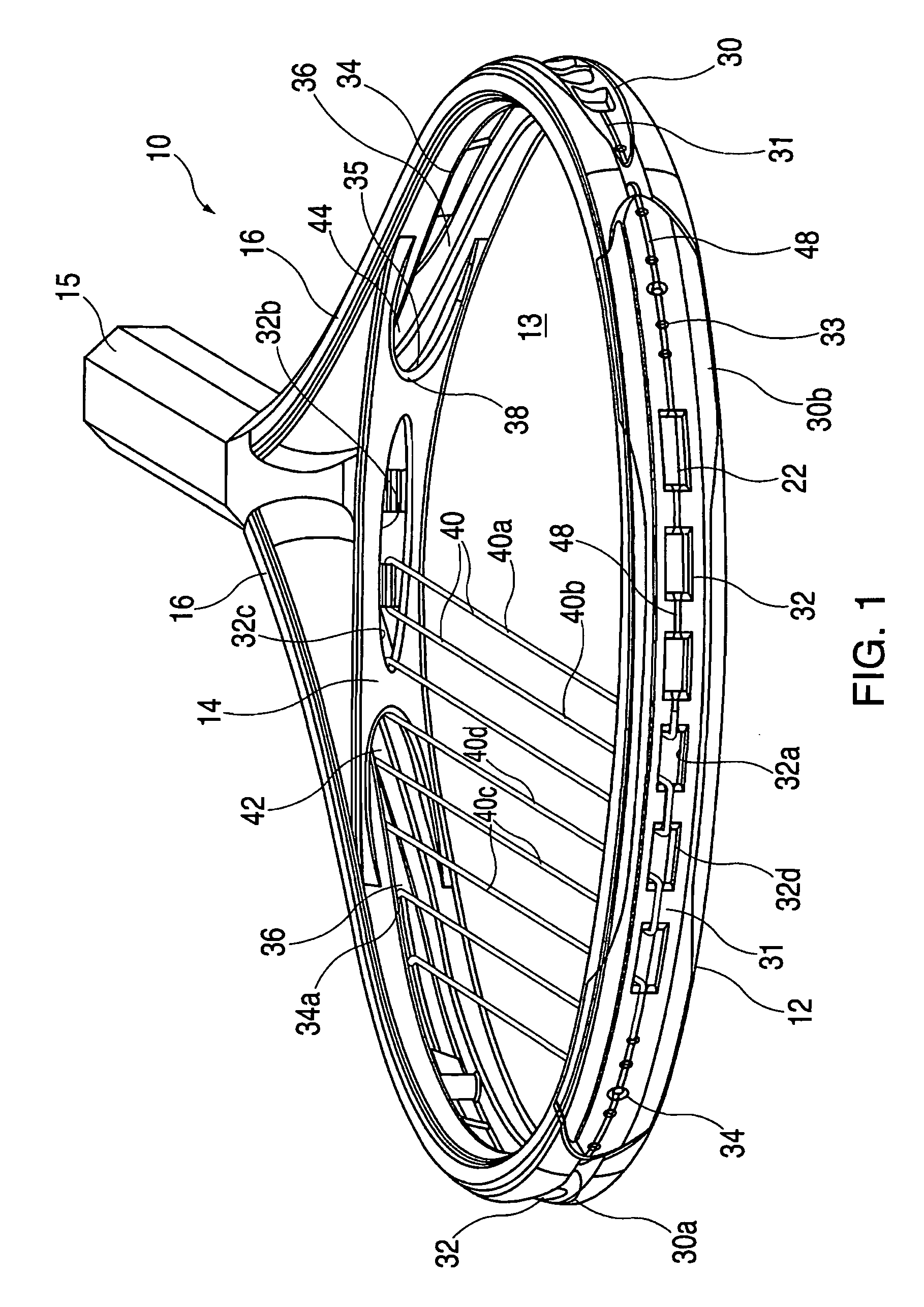 Sports racquet with insert members for anchoring strings