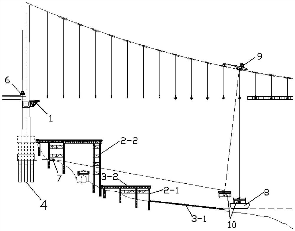 Suspension bridge high-low displacement beam trestle hoisting steel beam facility and construction method thereof
