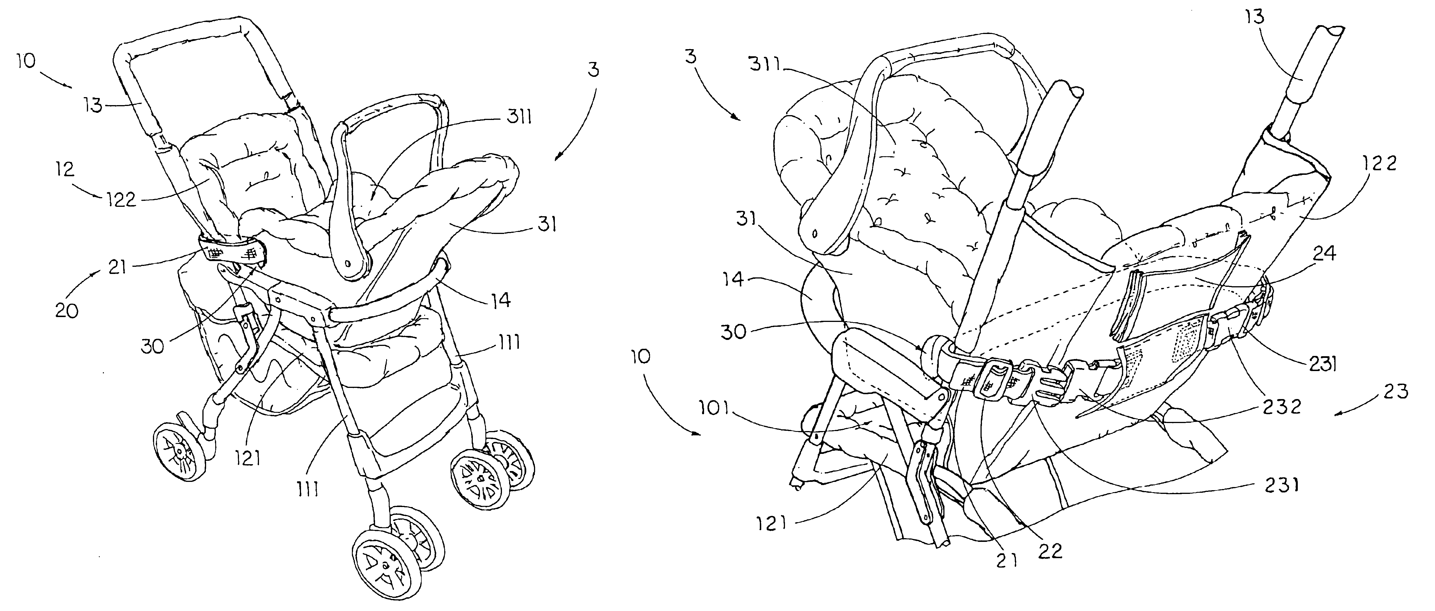 Stroller with car seat fastening arrangement