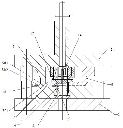 Piercing die for simultaneously punching five direction holes by using two different cam mechanisms, and operating method thereof