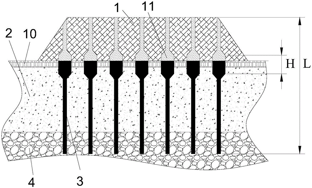 Construction method of composite foundation structure of nail-shaped bored piles for strengthening soft foundation of embankment